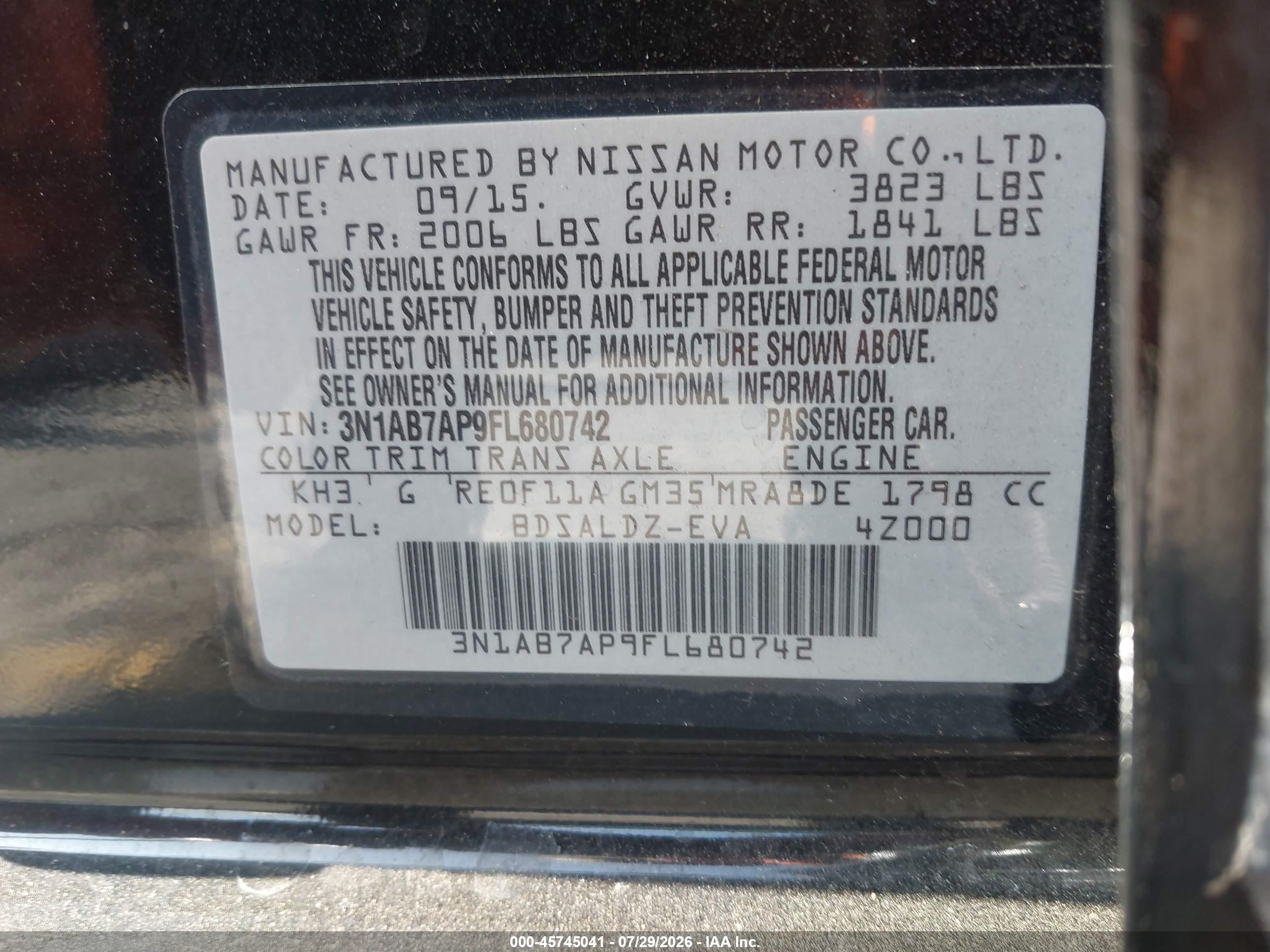 2015 Nissan Sentra Fe+ S/s/sl/sr/sv Black vin: 3N1AB7AP9FL680742