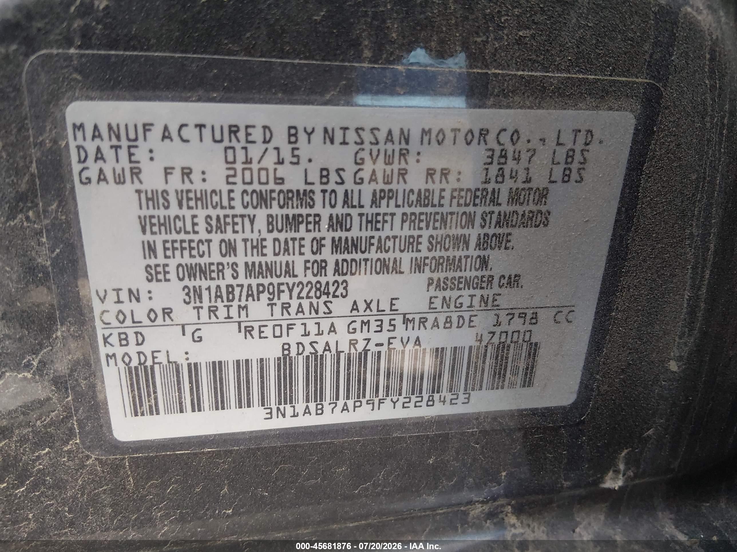 2015 Nissan Sentra Sr Gray vin: 3N1AB7AP9FY228423