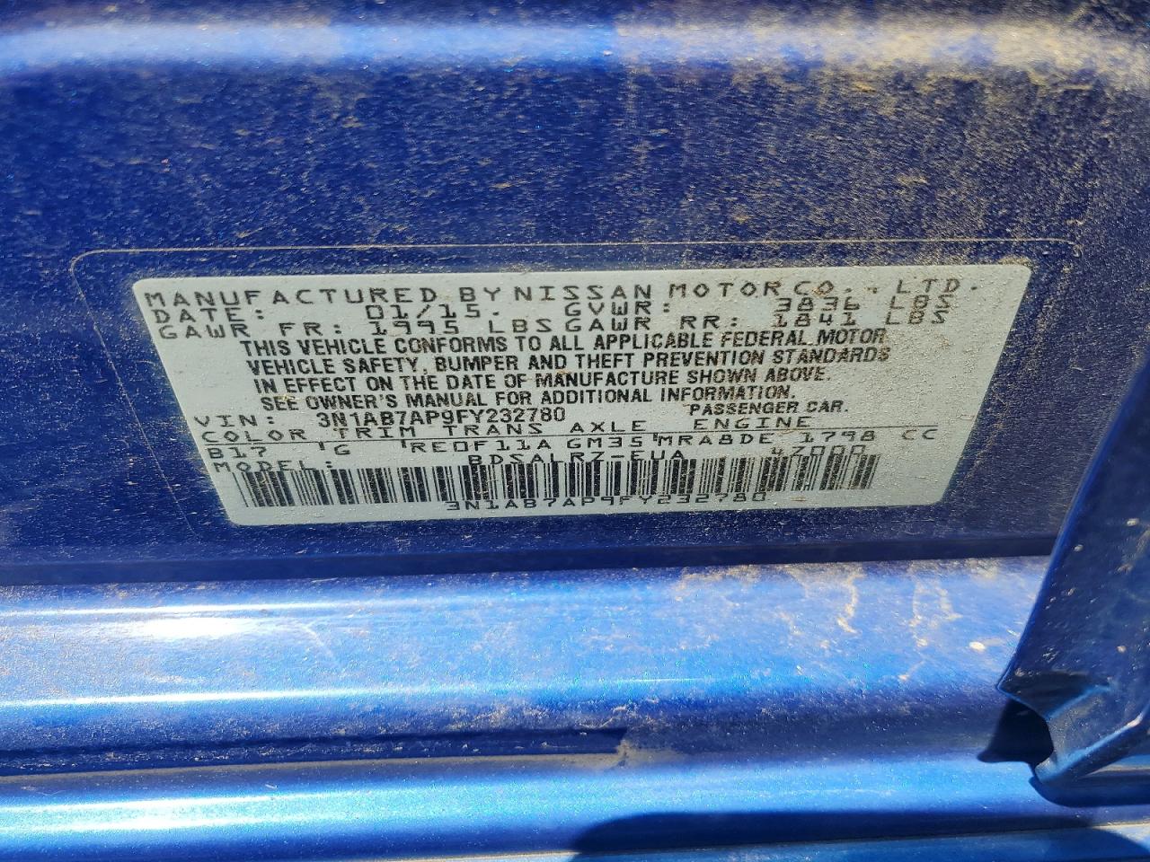 2015 Nissan Sentra Sr Blue vin: 3N1AB7AP9FY232780