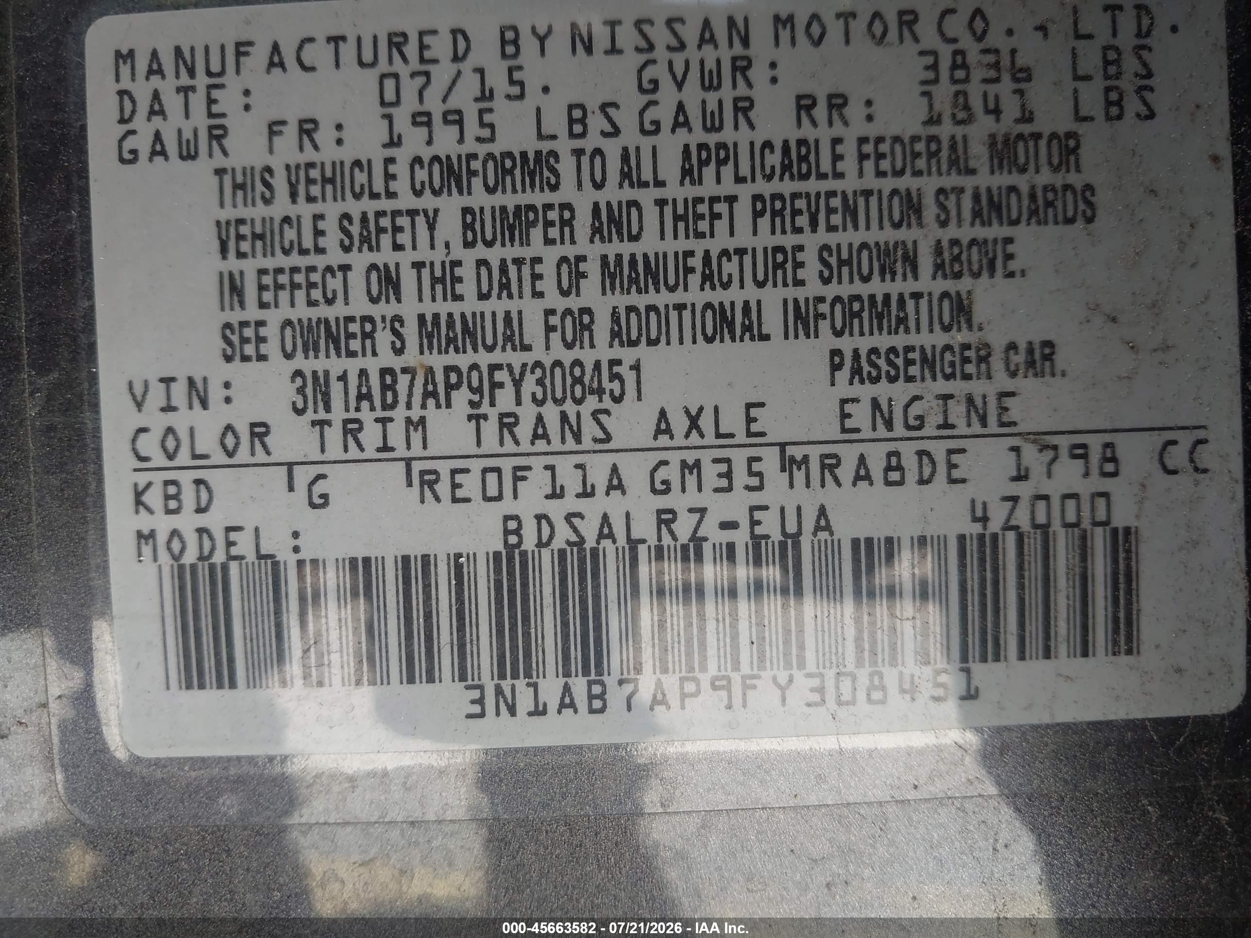 2015 Nissan Sentra Sr Серый vin: 3N1AB7AP9FY308451