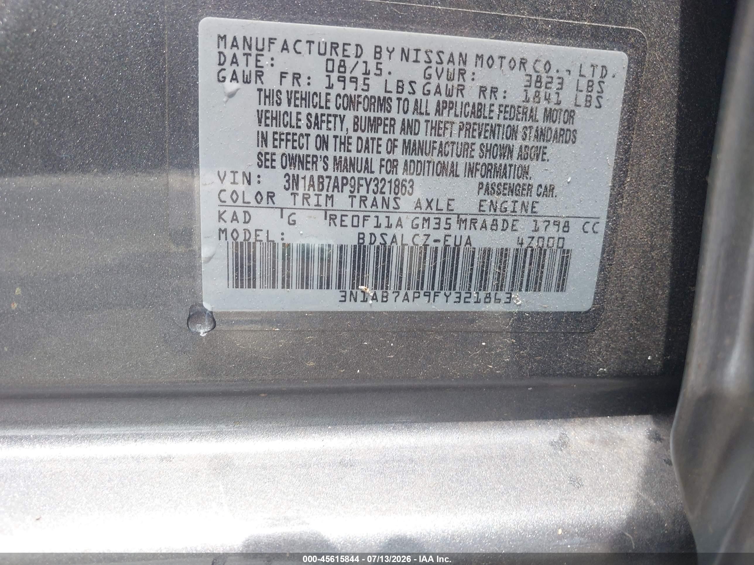 2015 Nissan Sentra S Gray vin: 3N1AB7AP9FY321863