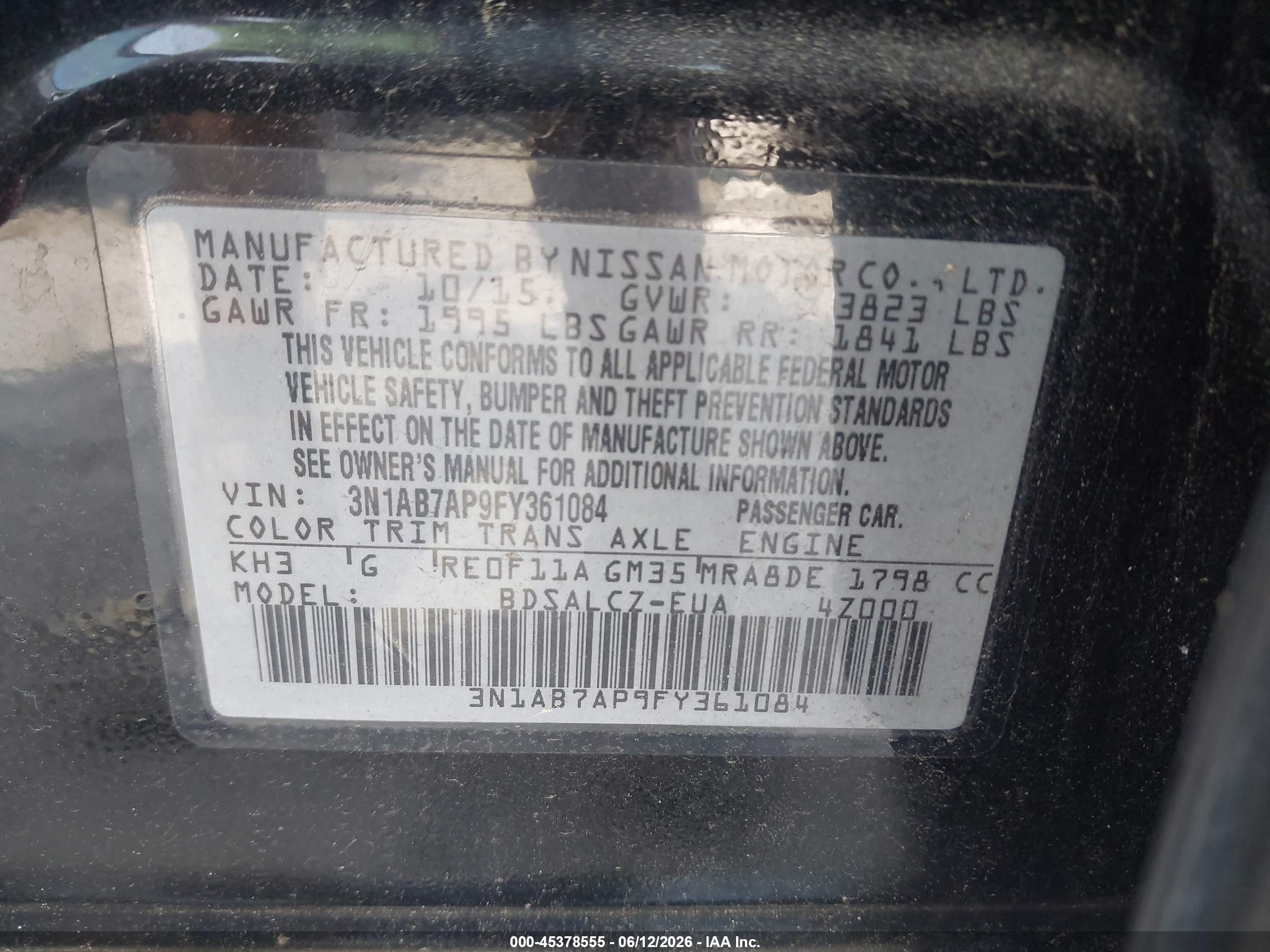 2015 Nissan Sentra S Black vin: 3N1AB7AP9FY361084