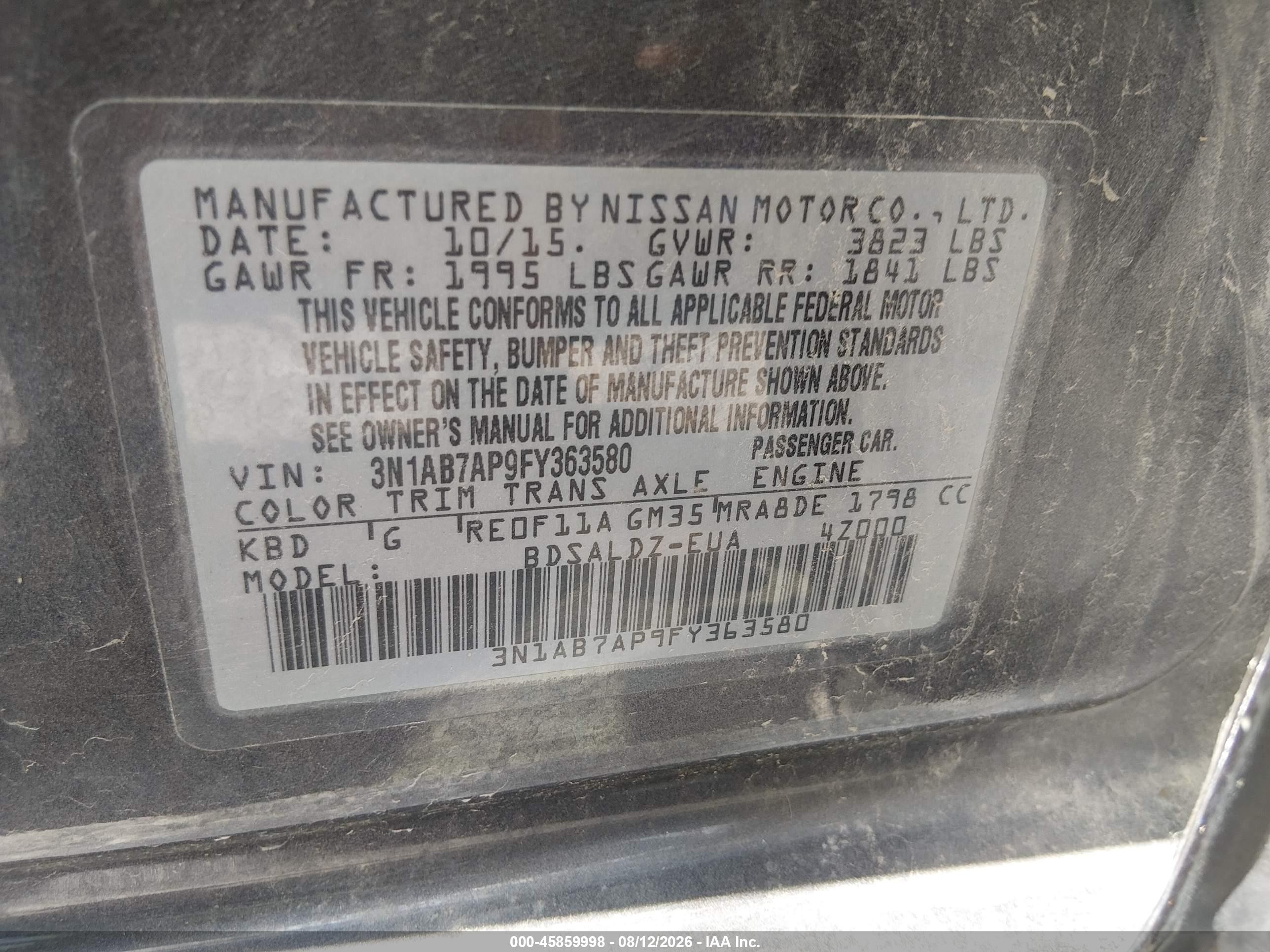 2015 Nissan Sentra Sv Серый vin: 3N1AB7AP9FY363580