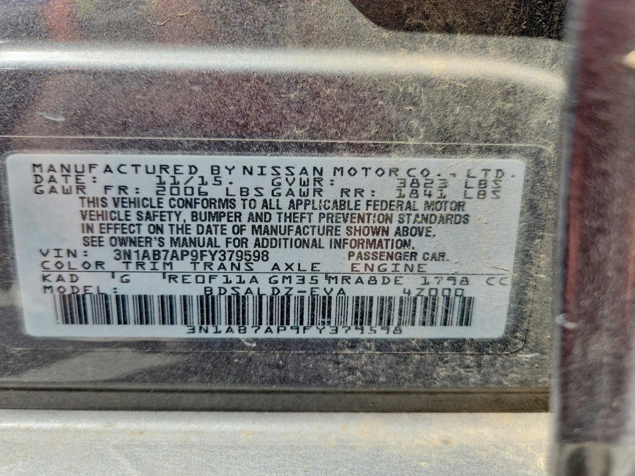 2015 Nissan Sentra Sv Gray vin: 3N1AB7AP9FY379598