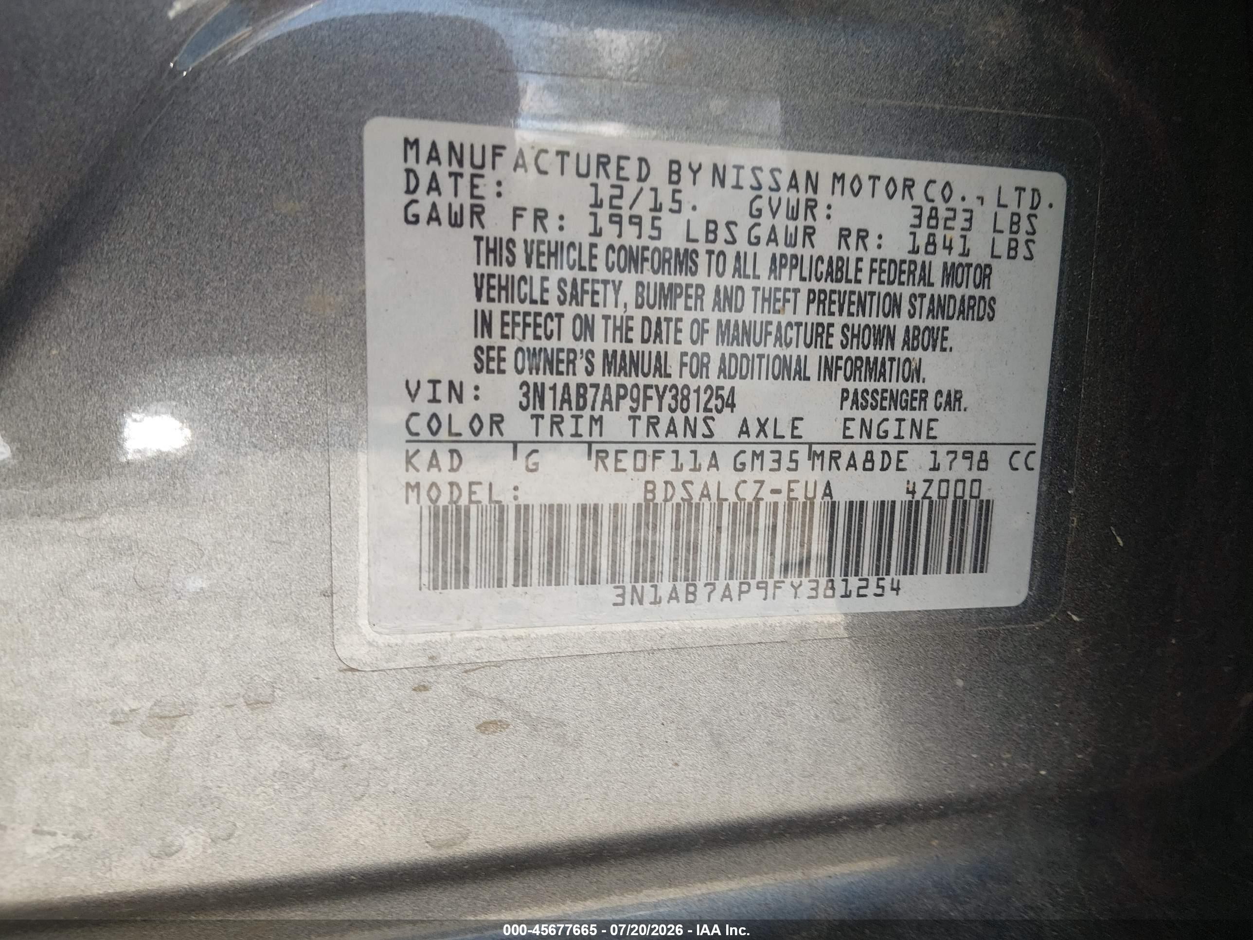 2015 Nissan Sentra S Серый vin: 3N1AB7AP9FY381254