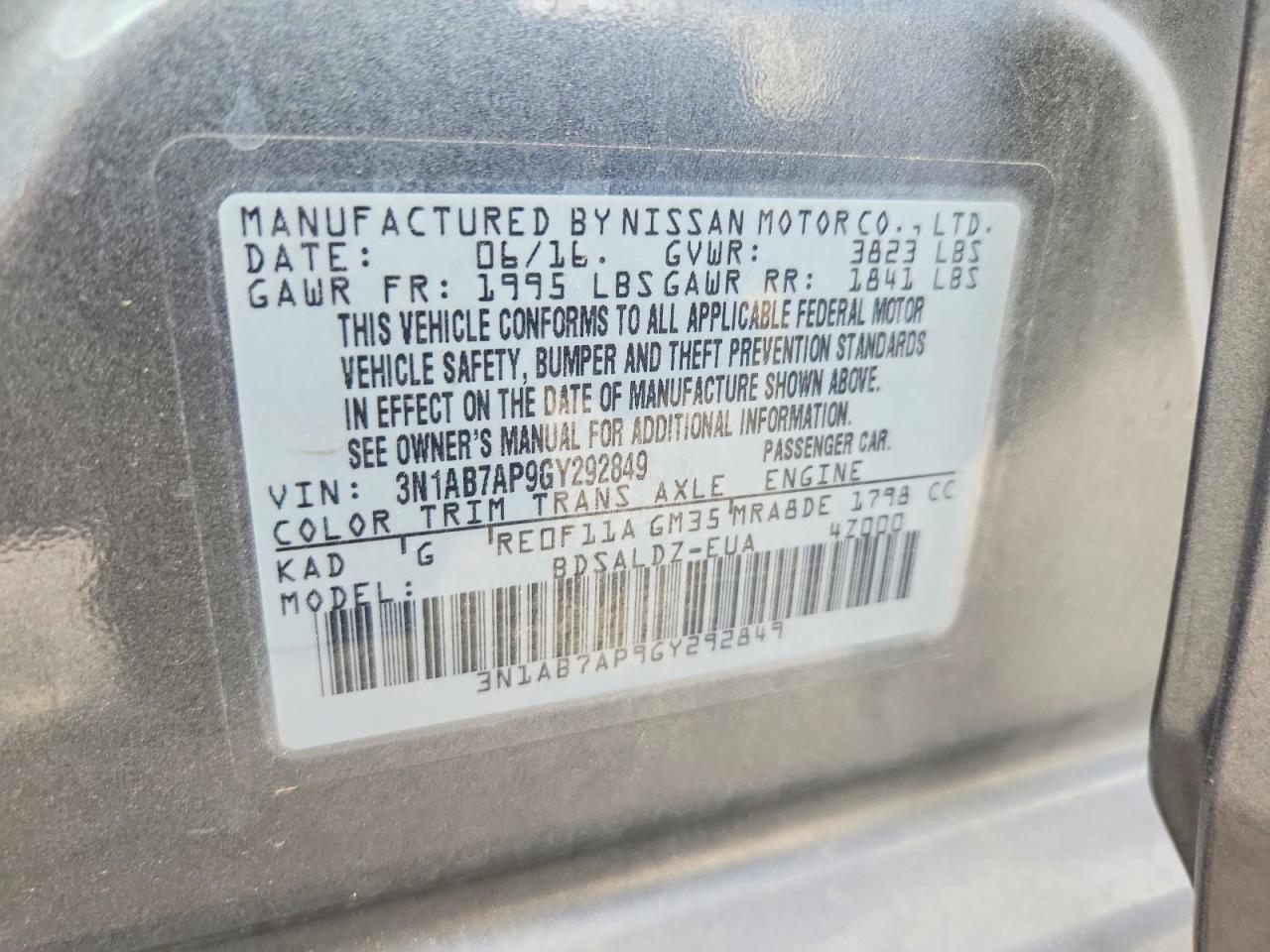 2016 Nissan Sentra Sv Charcoal vin: 3N1AB7AP9GY292849