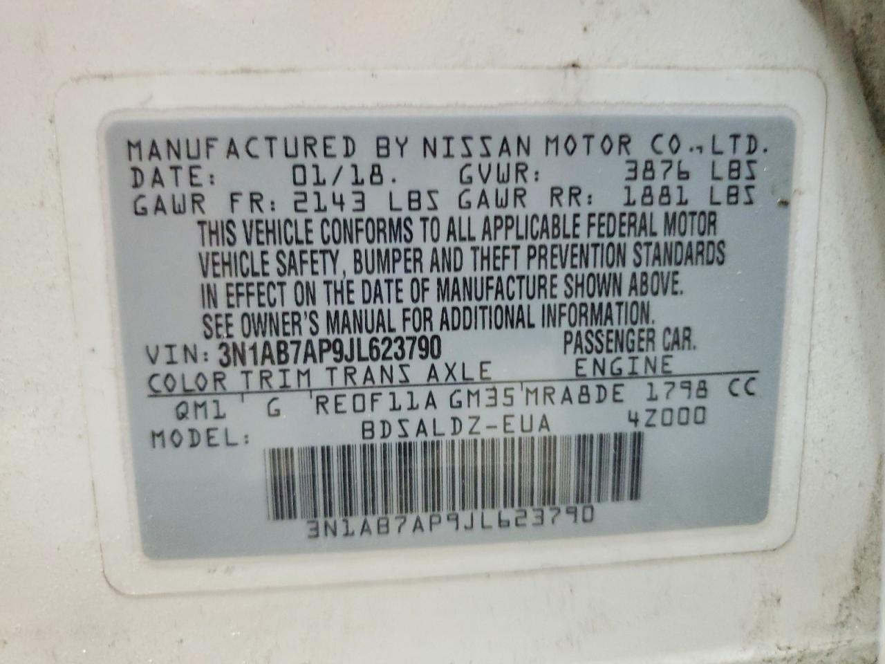 2018 Nissan Sentra Sv White vin: 3N1AB7AP9JL623790