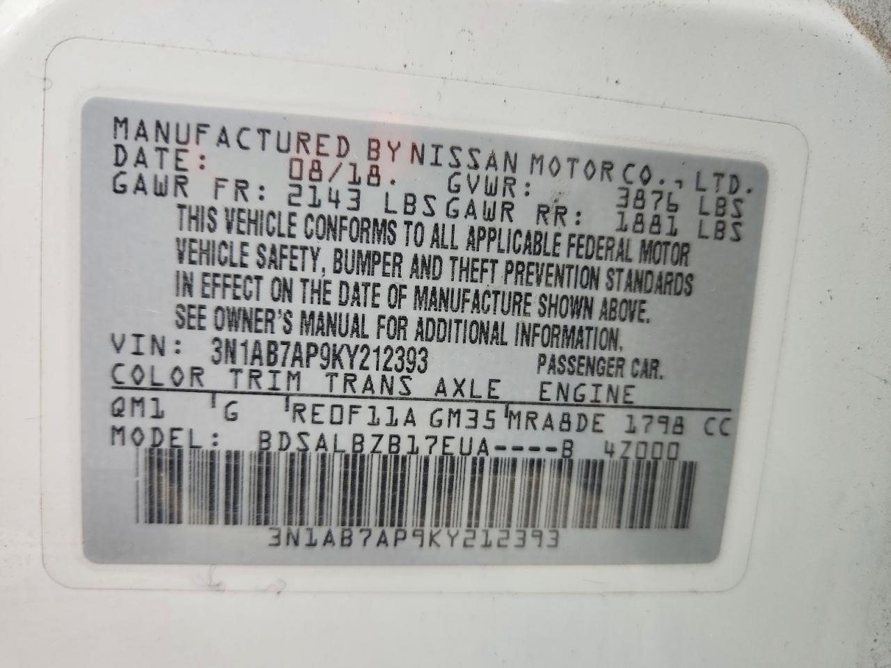 2019 Nissan Sentra S White vin: 3N1AB7AP9KY212393