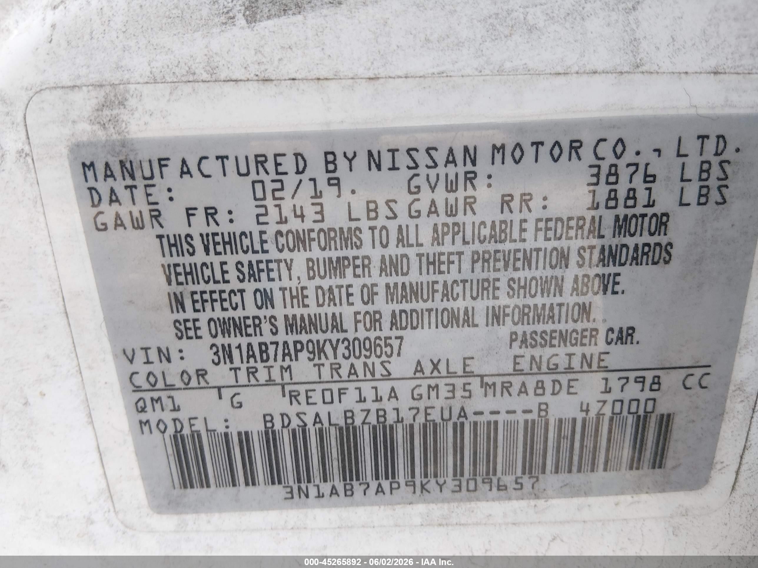 2019 Nissan Sentra S White vin: 3N1AB7AP9KY309657