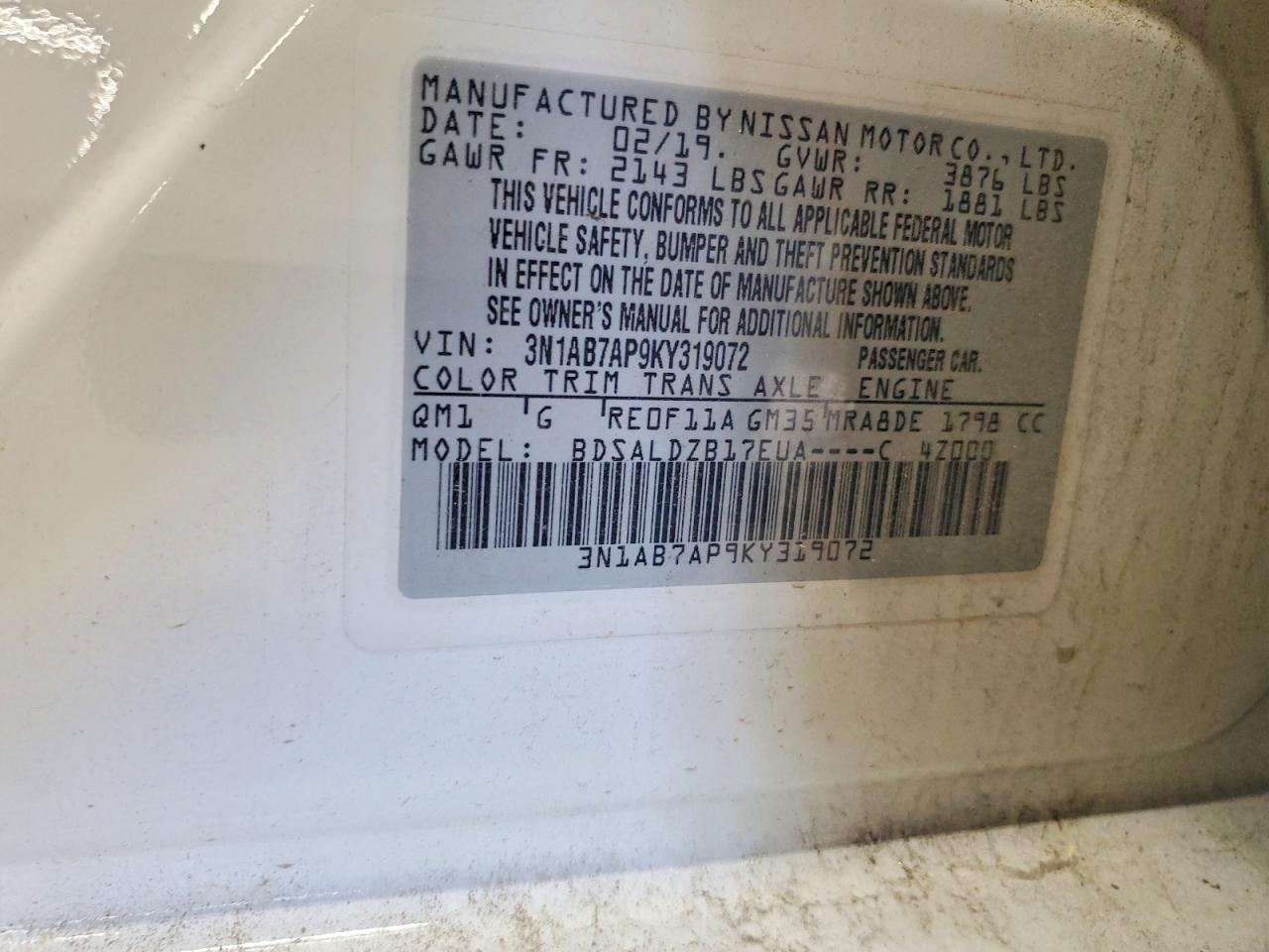 2019 Nissan Sentra Sv White vin: 3N1AB7AP9KY319072