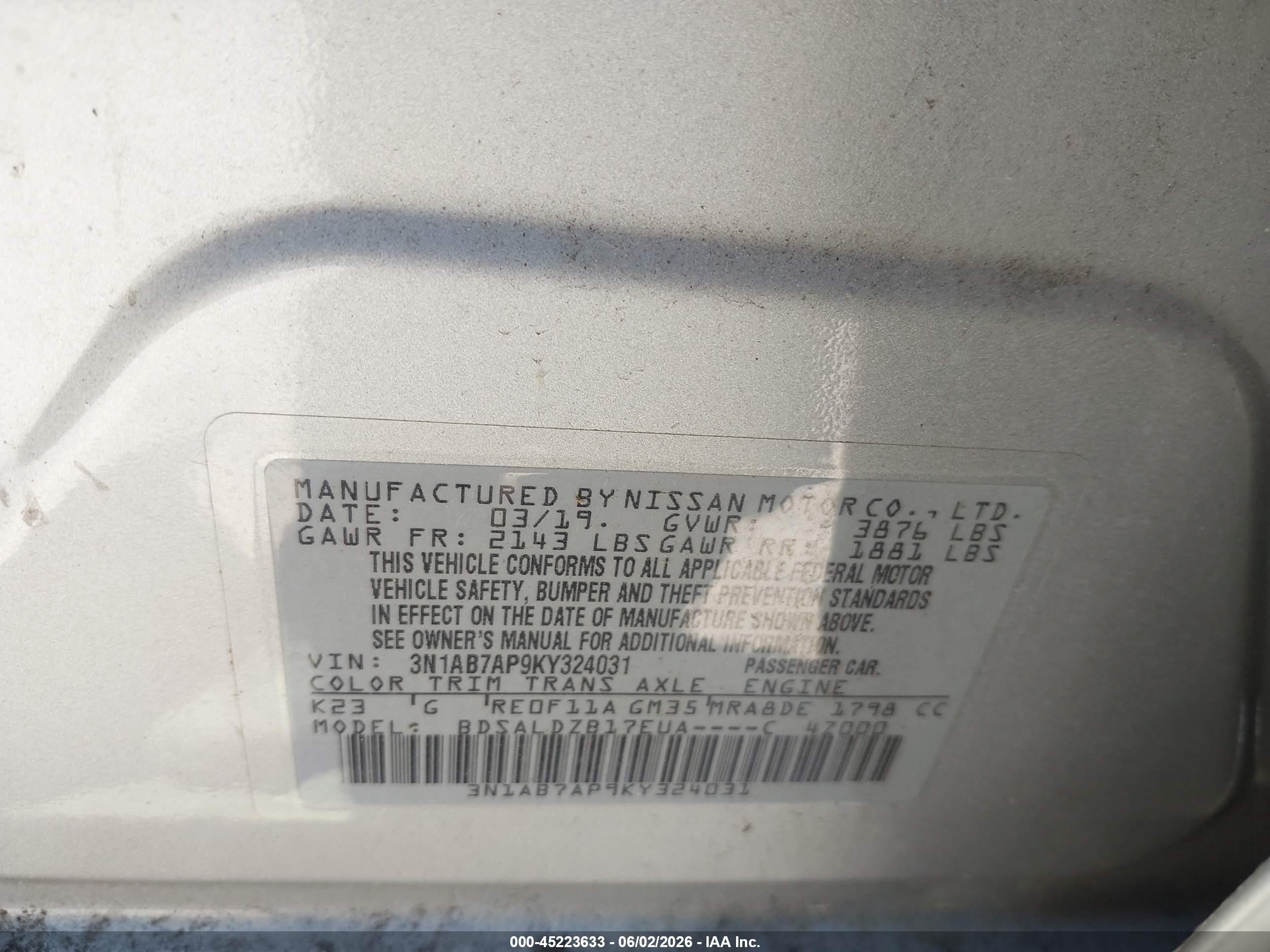 2019 Nissan Sentra Sv Silver vin: 3N1AB7AP9KY324031