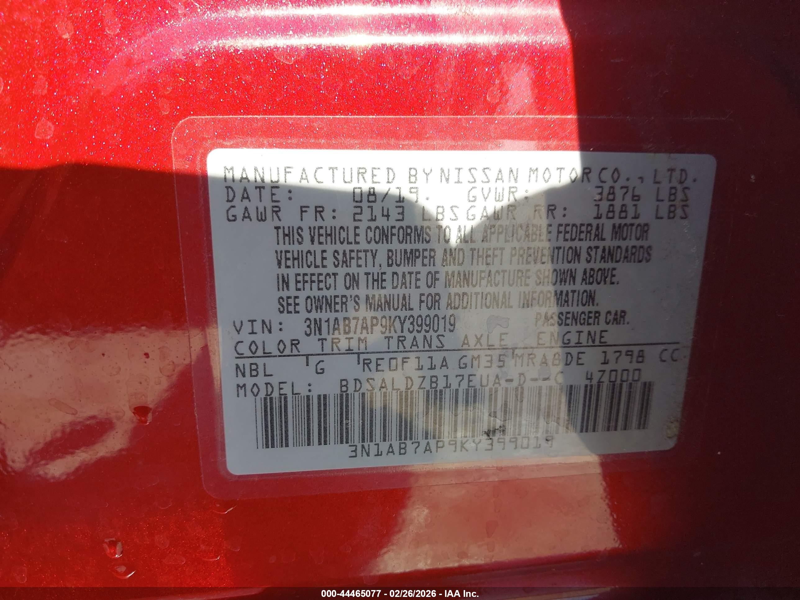 2019 Nissan Sentra Sv Red vin: 3N1AB7AP9KY399019