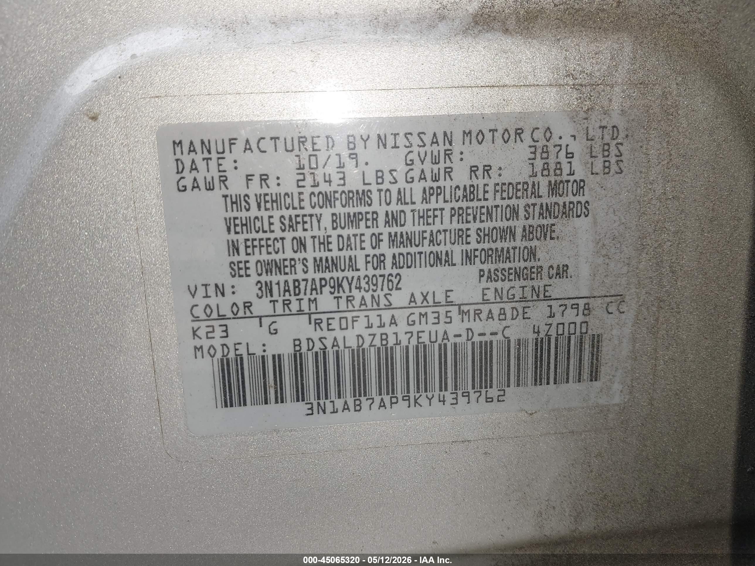 2019 Nissan Sentra Sv Серебряный vin: 3N1AB7AP9KY439762