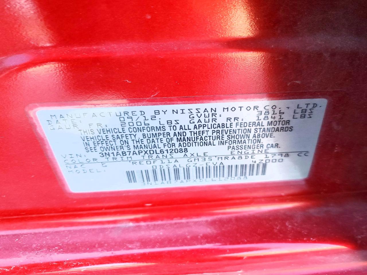 2013 Nissan Sentra S Burgundy vin: 3N1AB7APXDL612088