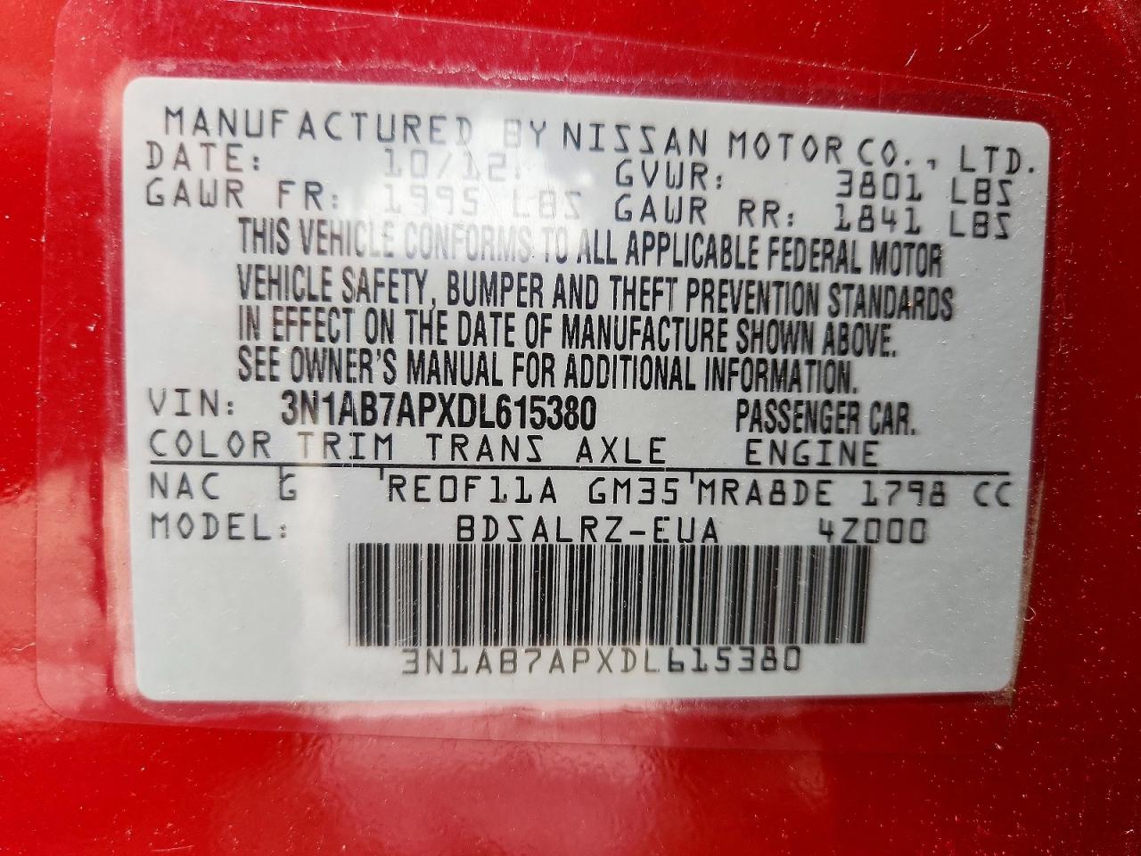 2013 Nissan Sentra S Red vin: 3N1AB7APXDL615380