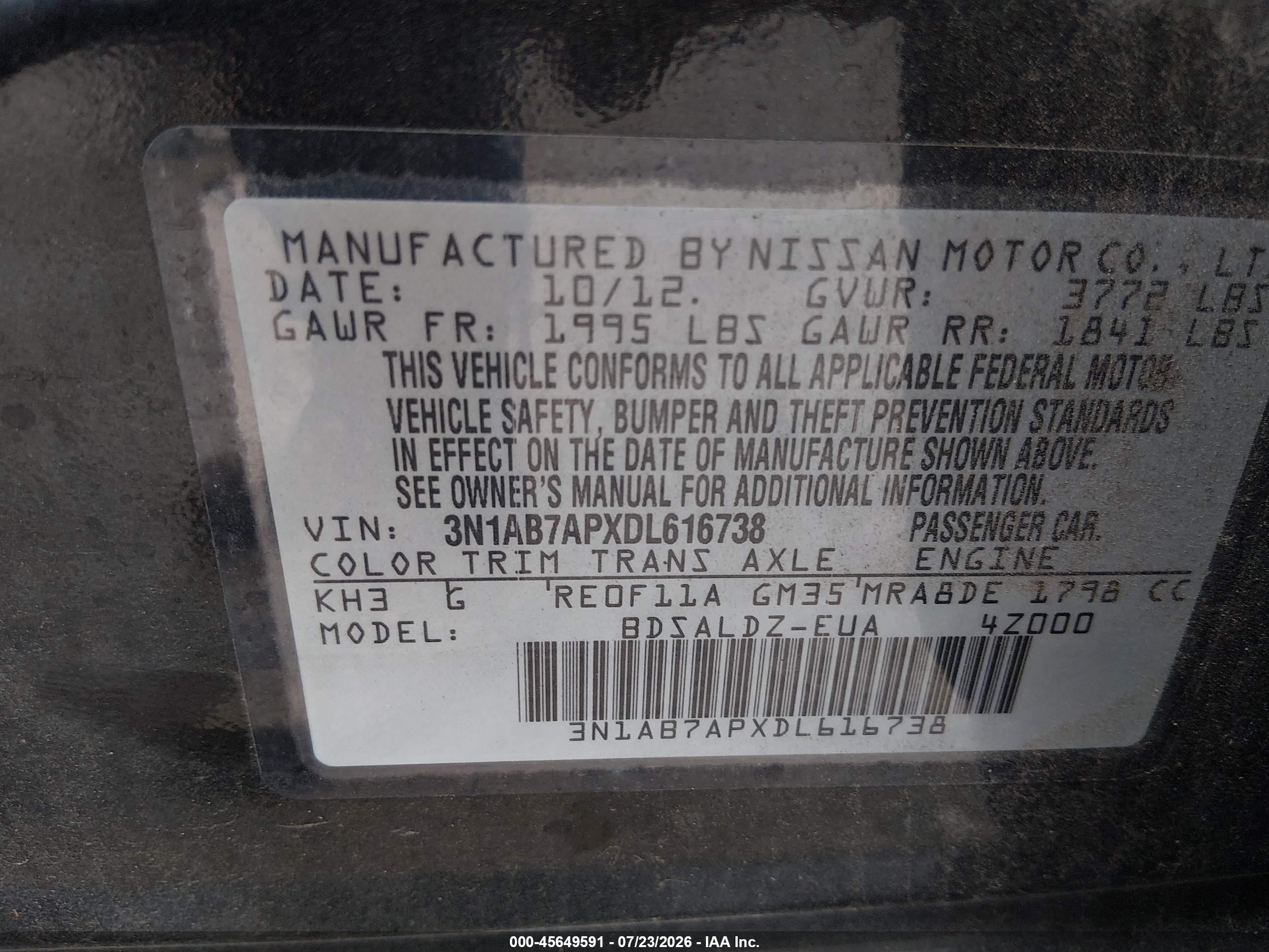 2013 Nissan Sentra Sv Black vin: 3N1AB7APXDL616738