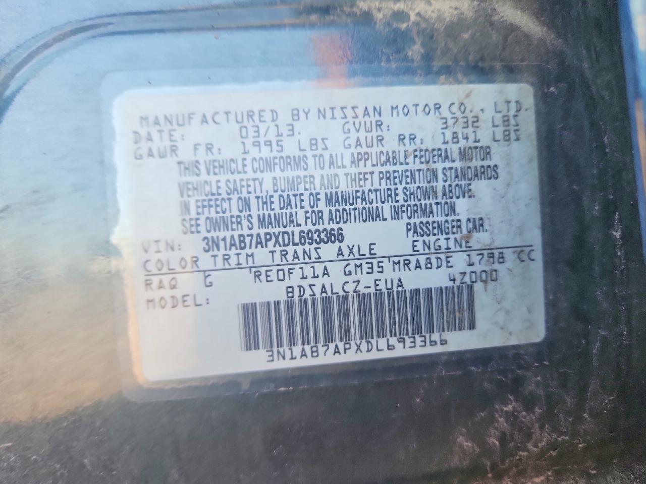 2013 Nissan Sentra S Blue vin: 3N1AB7APXDL693366
