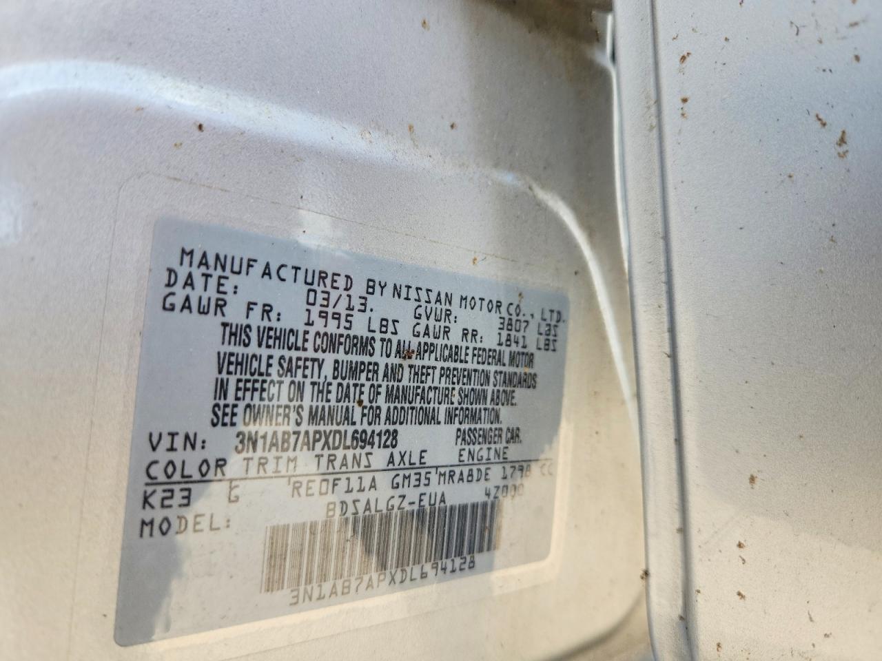 2013 Nissan Sentra S/sv/sr/sl Silver vin: 3N1AB7APXDL694128