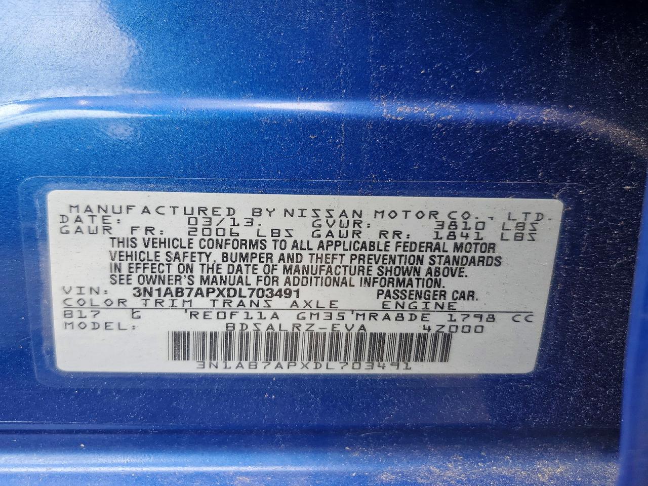 2013 Nissan Sentra S Blue vin: 3N1AB7APXDL703491