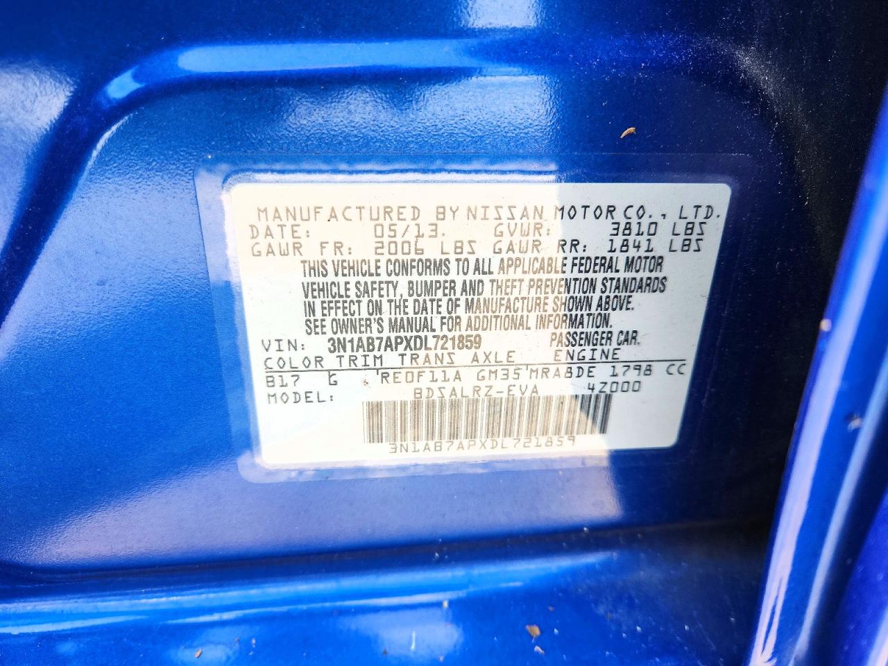 2013 Nissan Sentra S Blue vin: 3N1AB7APXDL721859