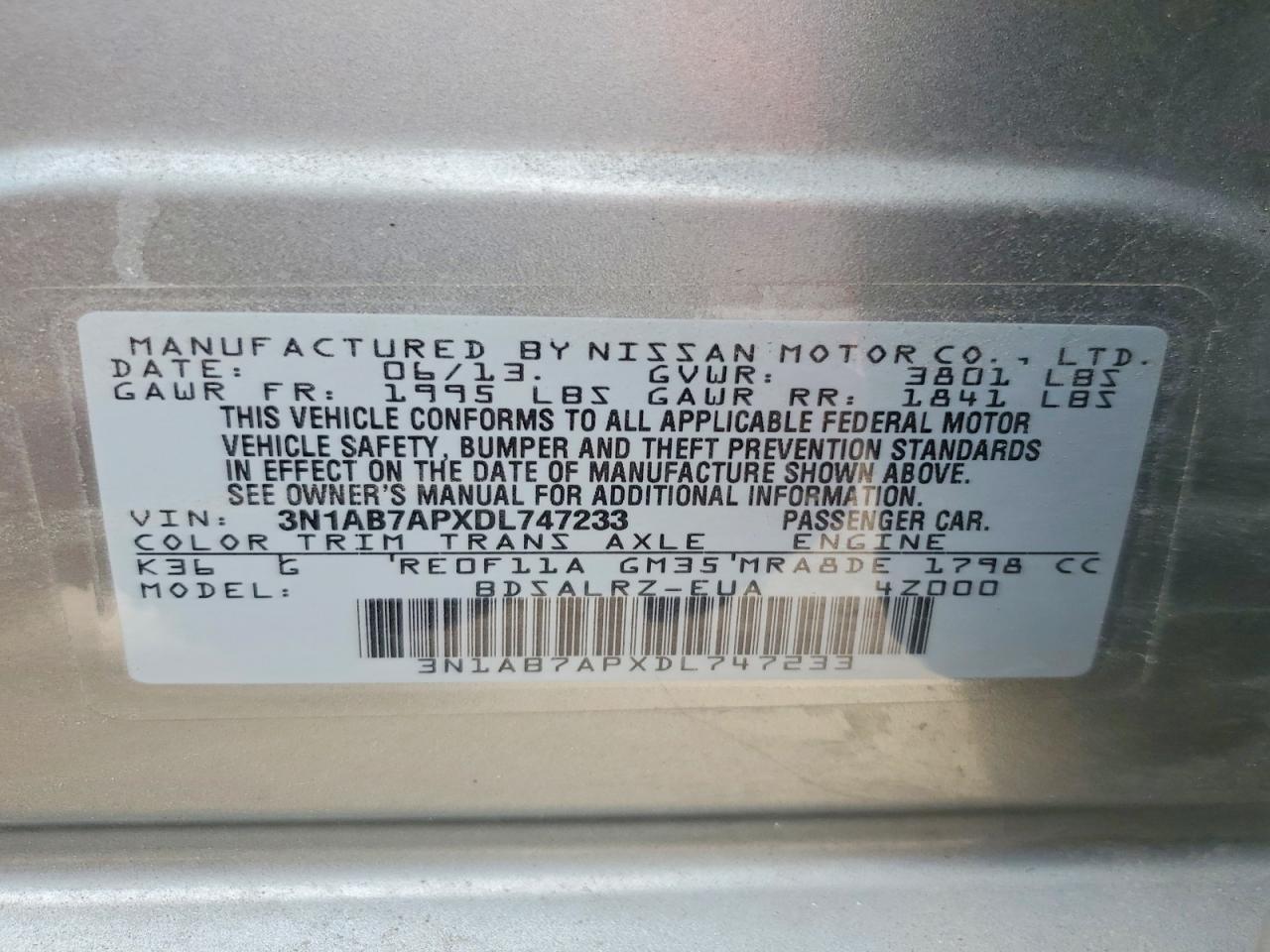 2013 Nissan Sentra S/sv/sr/sl Silver vin: 3N1AB7APXDL747233
