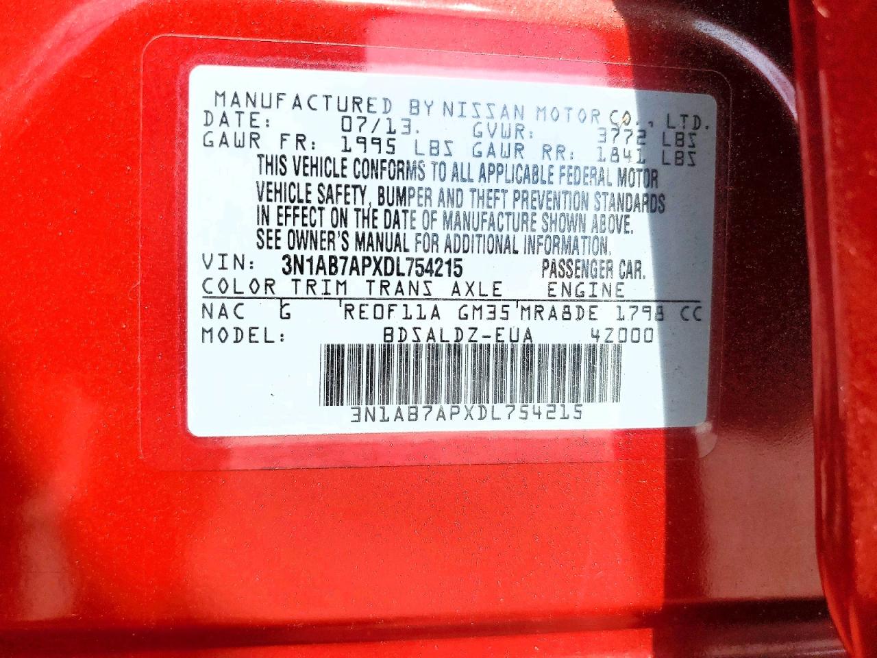 2013 Nissan Sentra S Burgundy vin: 3N1AB7APXDL754215