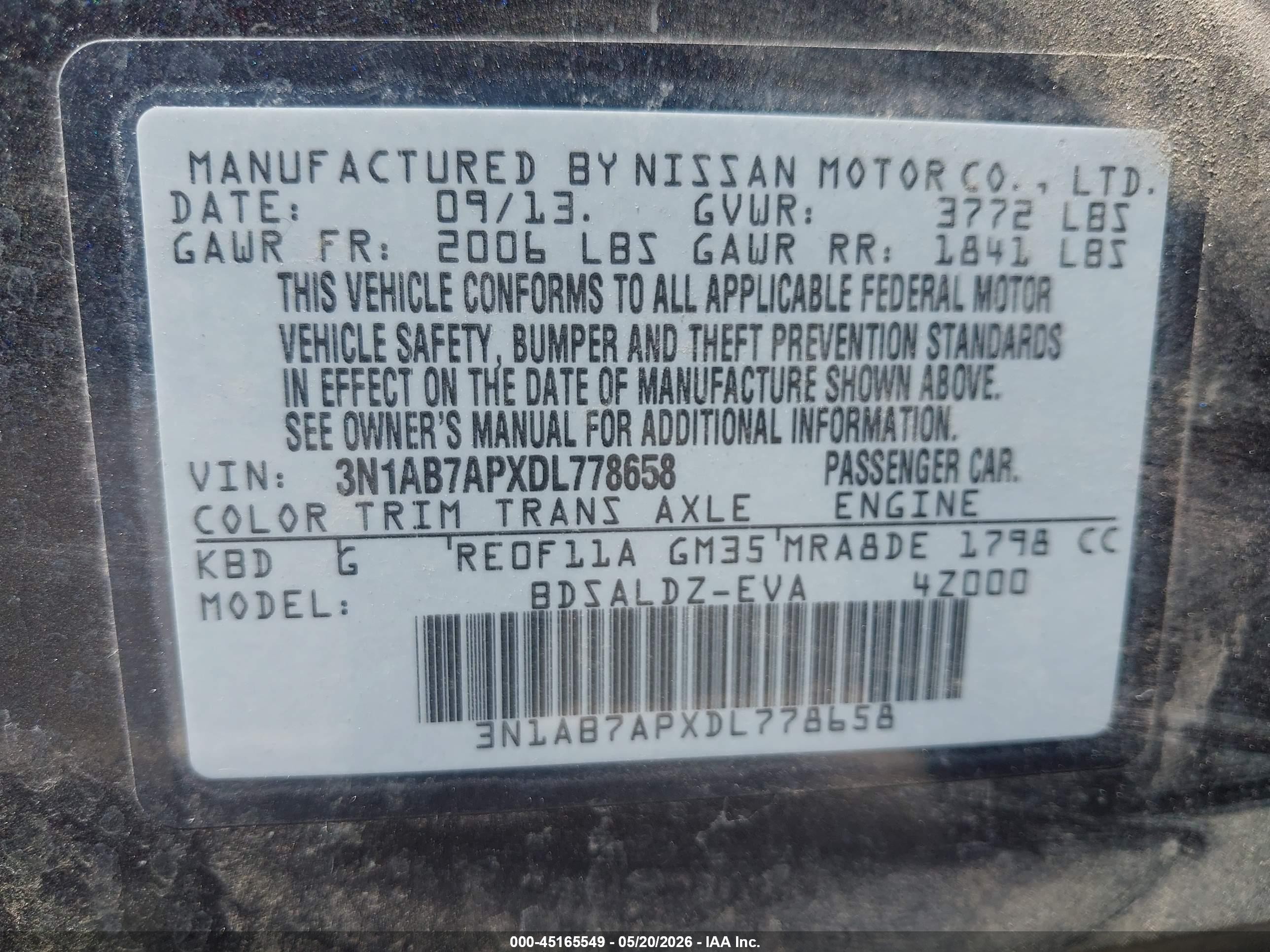 2013 Nissan Sentra Sv Gray vin: 3N1AB7APXDL778658