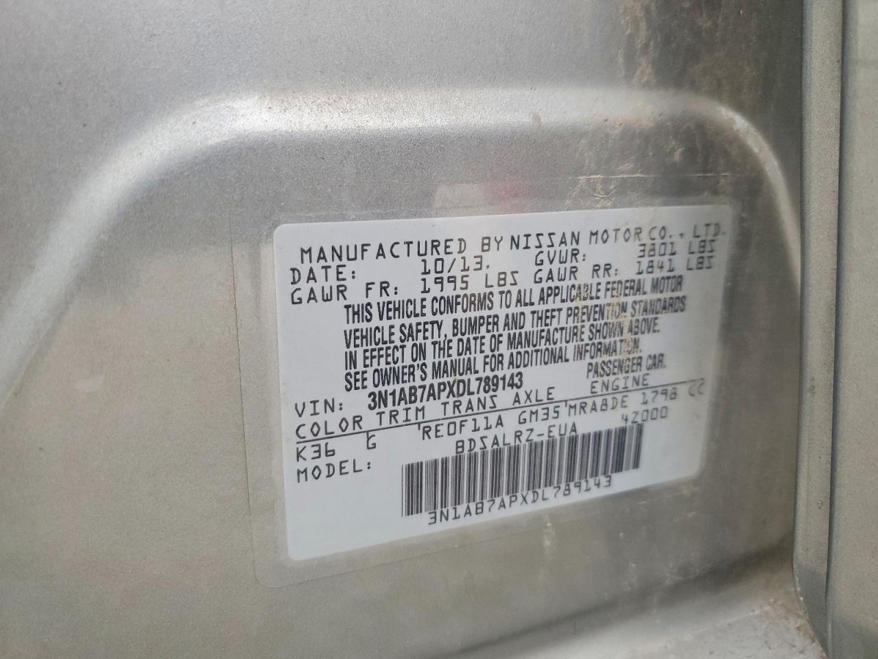 2013 Nissan Sentra S Серый vin: 3N1AB7APXDL789143