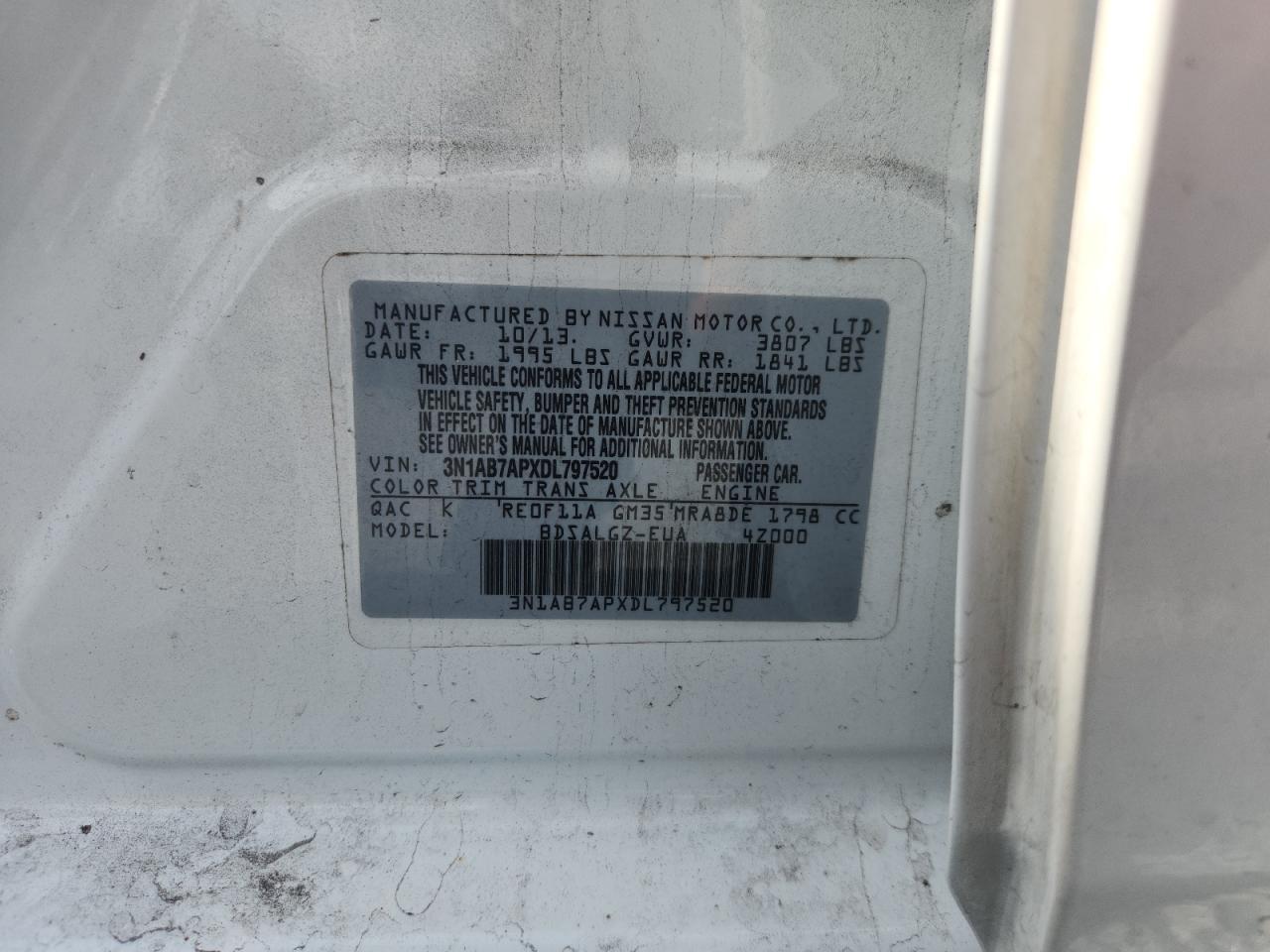 2013 Nissan Sentra S White vin: 3N1AB7APXDL797520