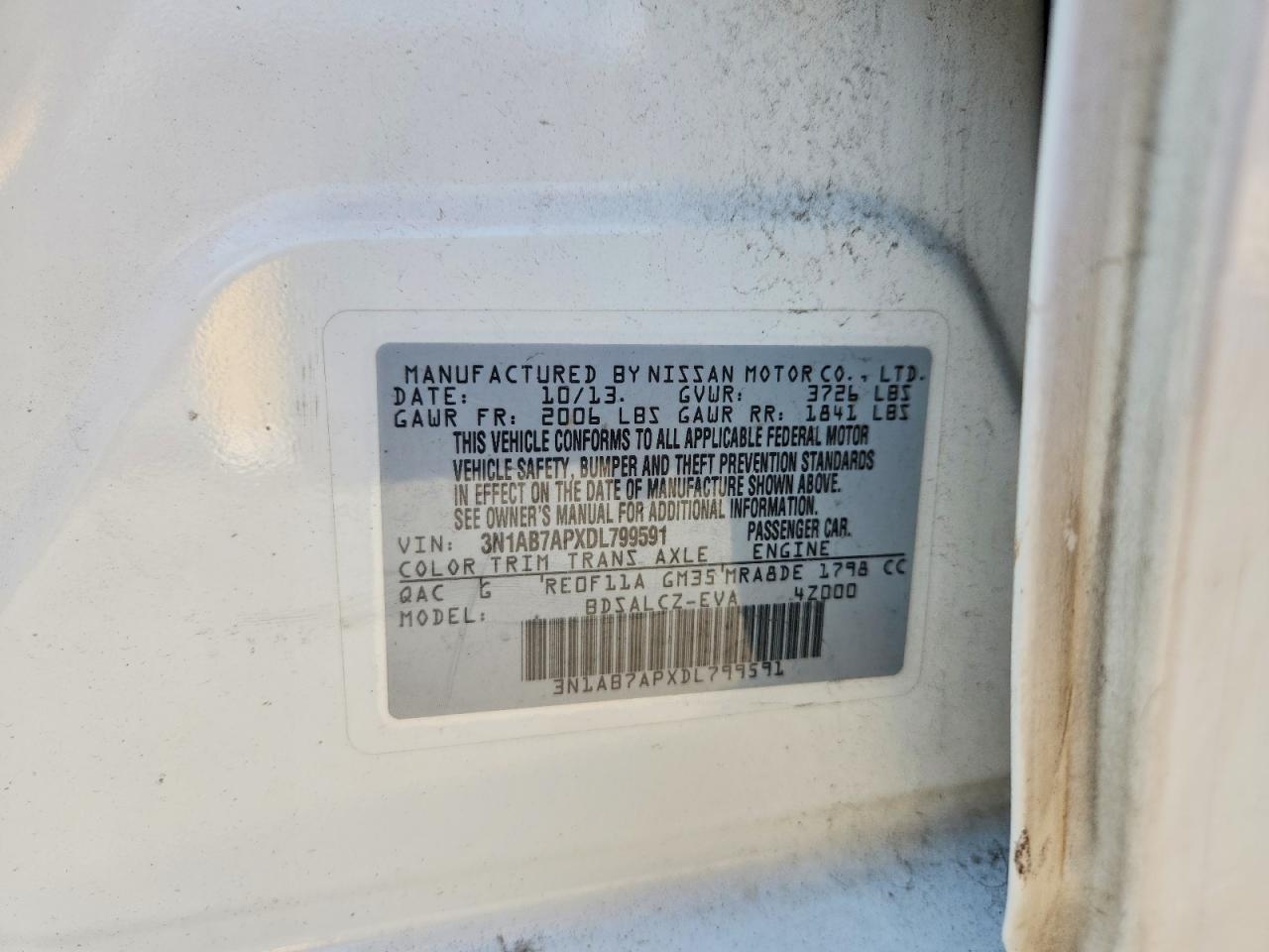 2013 Nissan Sentra S White vin: 3N1AB7APXDL799591