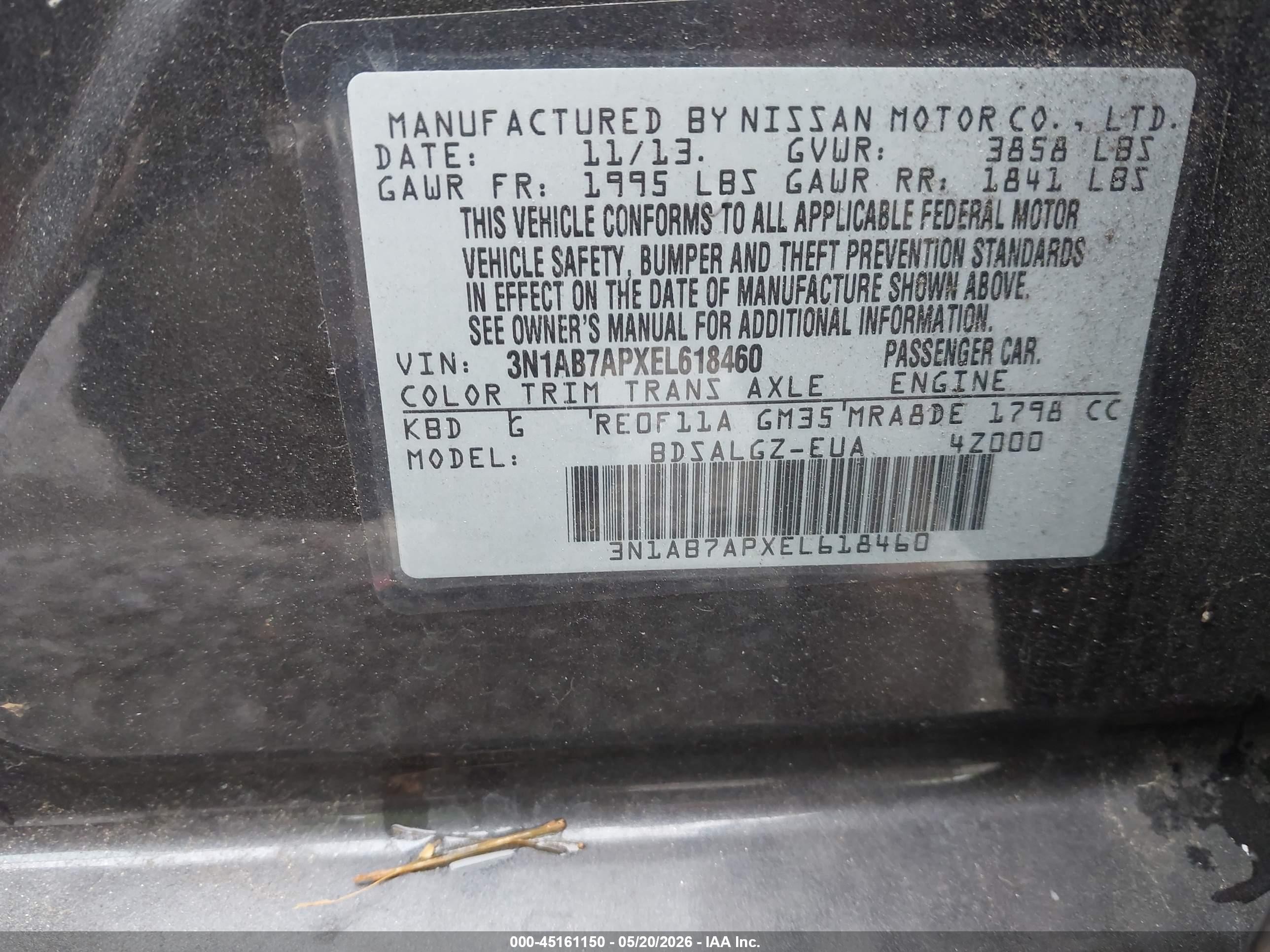 2014 Nissan Sentra Sl Gray vin: 3N1AB7APXEL618460
