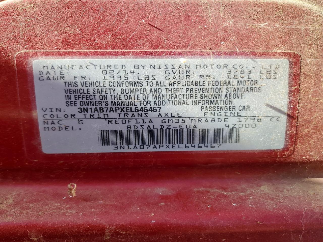 2014 Nissan Sentra Sv Red vin: 3N1AB7APXEL646467