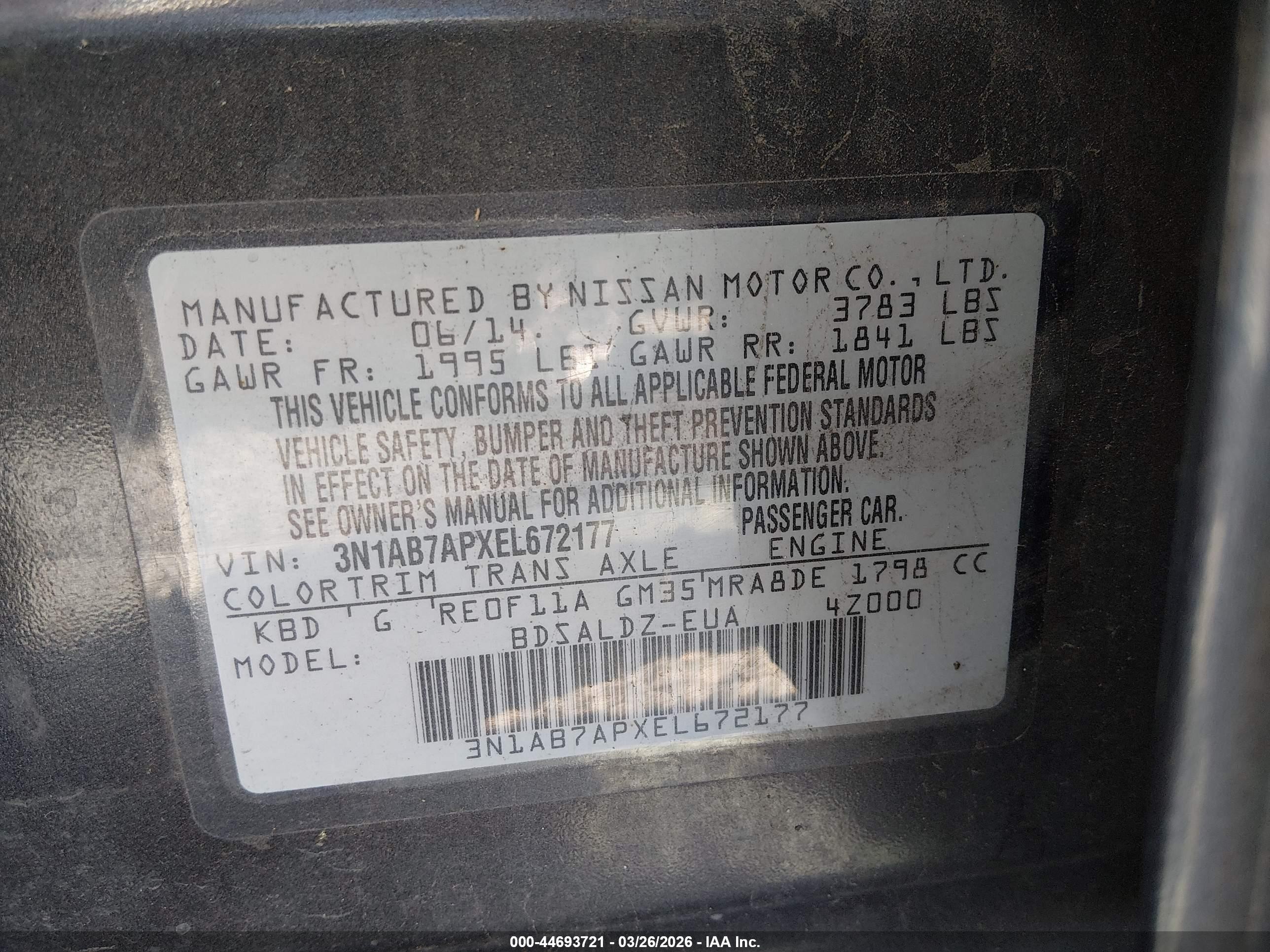2014 Nissan Sentra Fe+ S/fe+ Sv/s/sl/sr/sv Gray vin: 3N1AB7APXEL672177