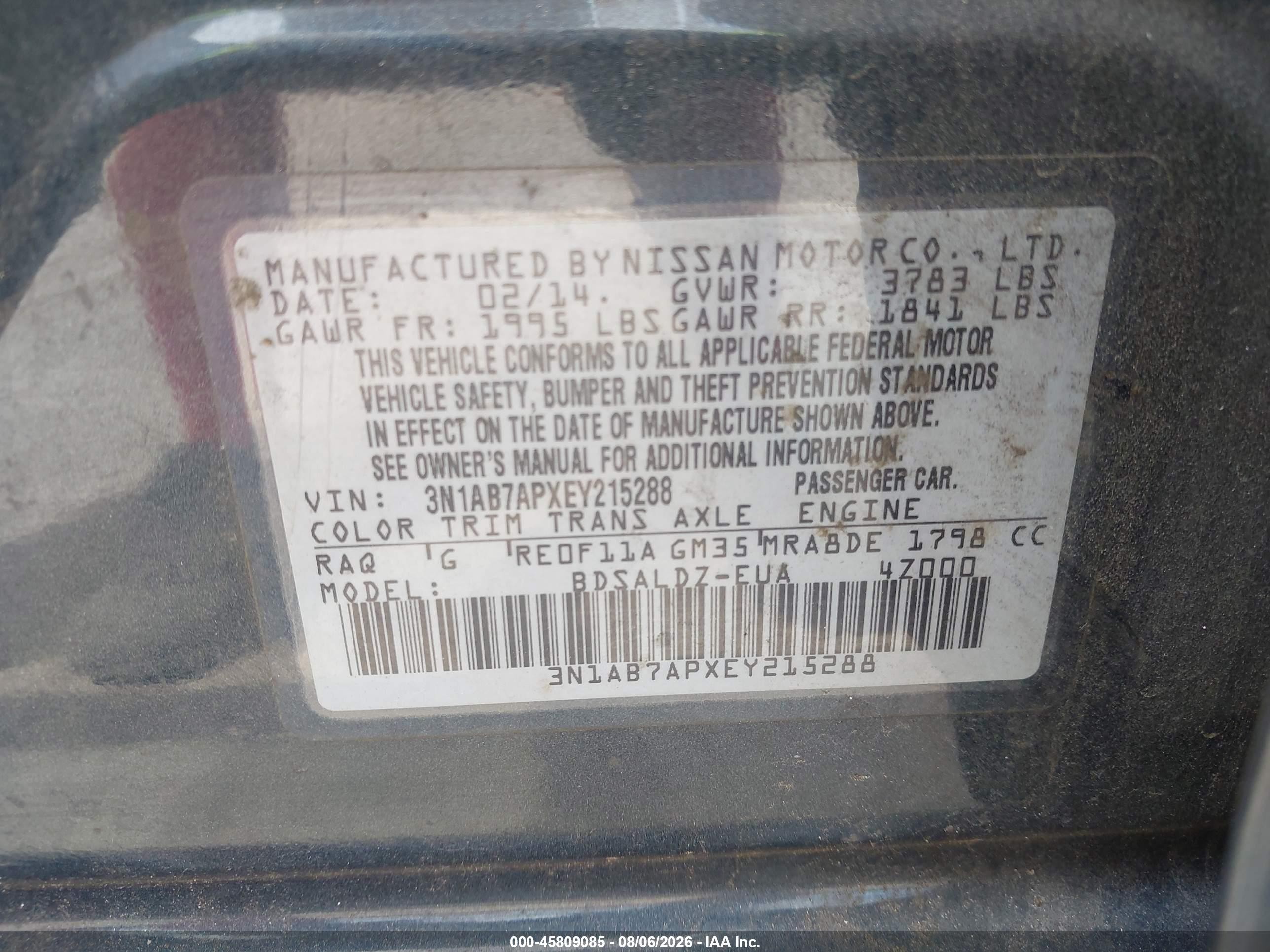 2014 Nissan Sentra Fe+ S/fe+ Sv/s/sl/sr/sv Blue vin: 3N1AB7APXEY215288