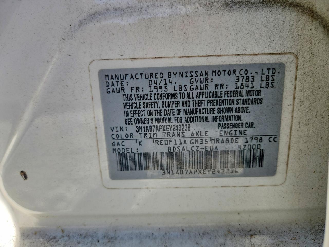 2014 Nissan Sentra S White vin: 3N1AB7APXEY243236