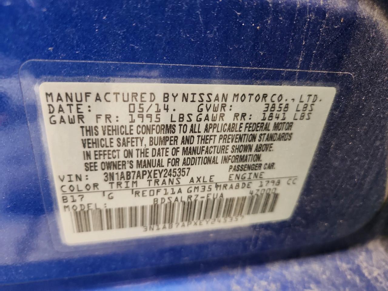 2014 Nissan Sentra Sr Blue vin: 3N1AB7APXEY245357
