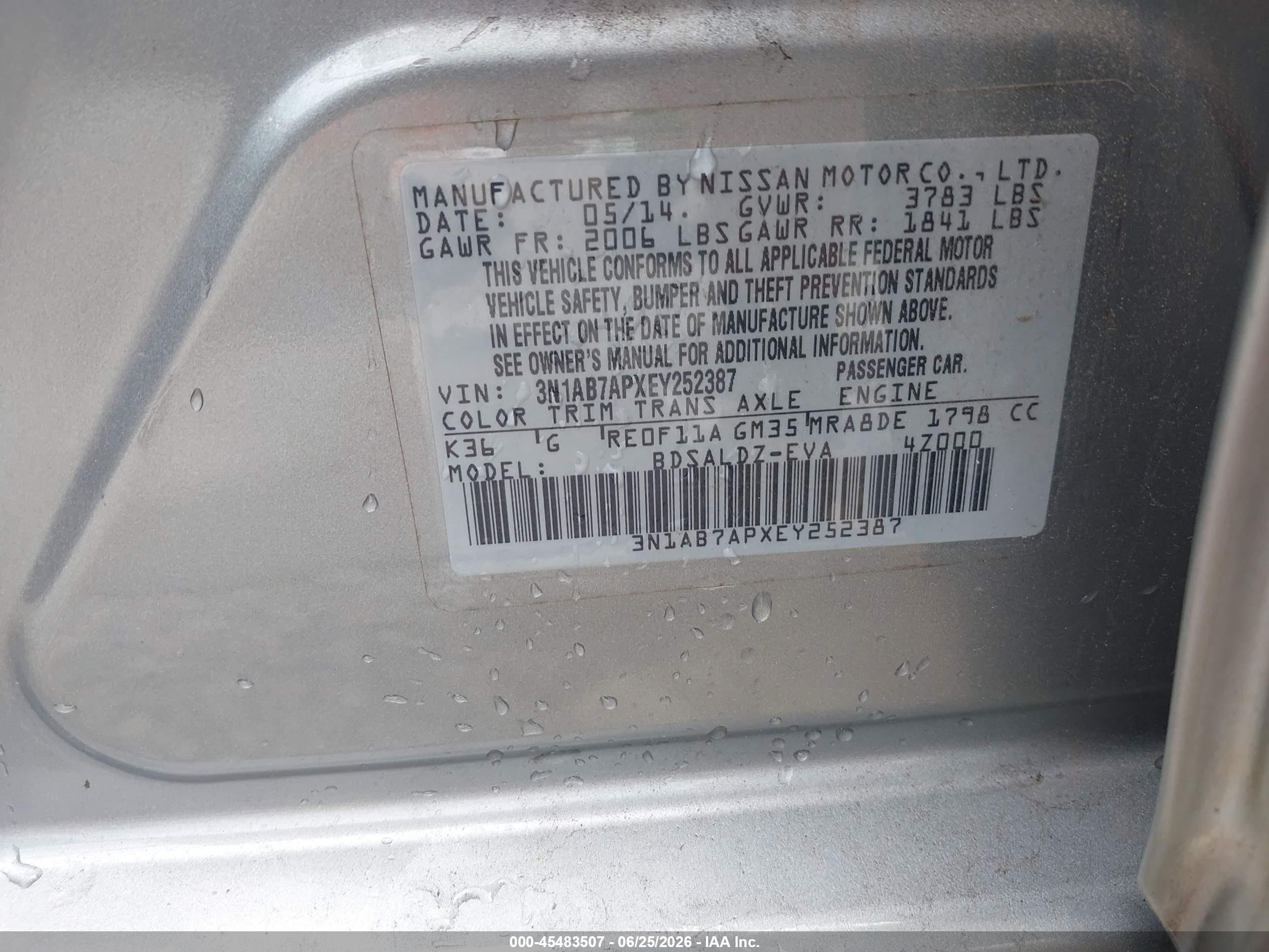 2014 Nissan Sentra Fe+ S/fe+ Sv/s/sl/sr/sv Серый vin: 3N1AB7APXEY252387