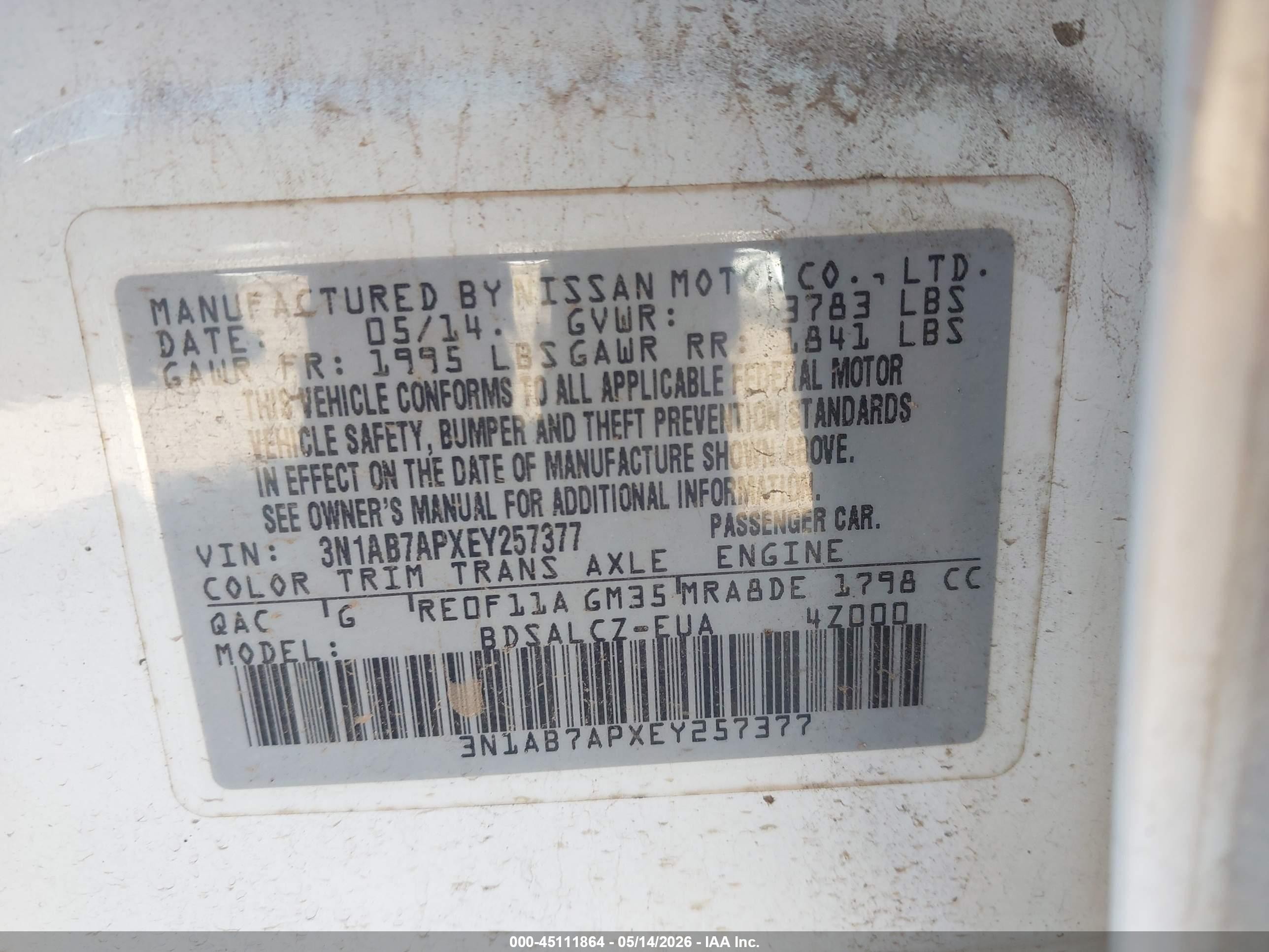 2014 Nissan Sentra Fe+ S White vin: 3N1AB7APXEY257377