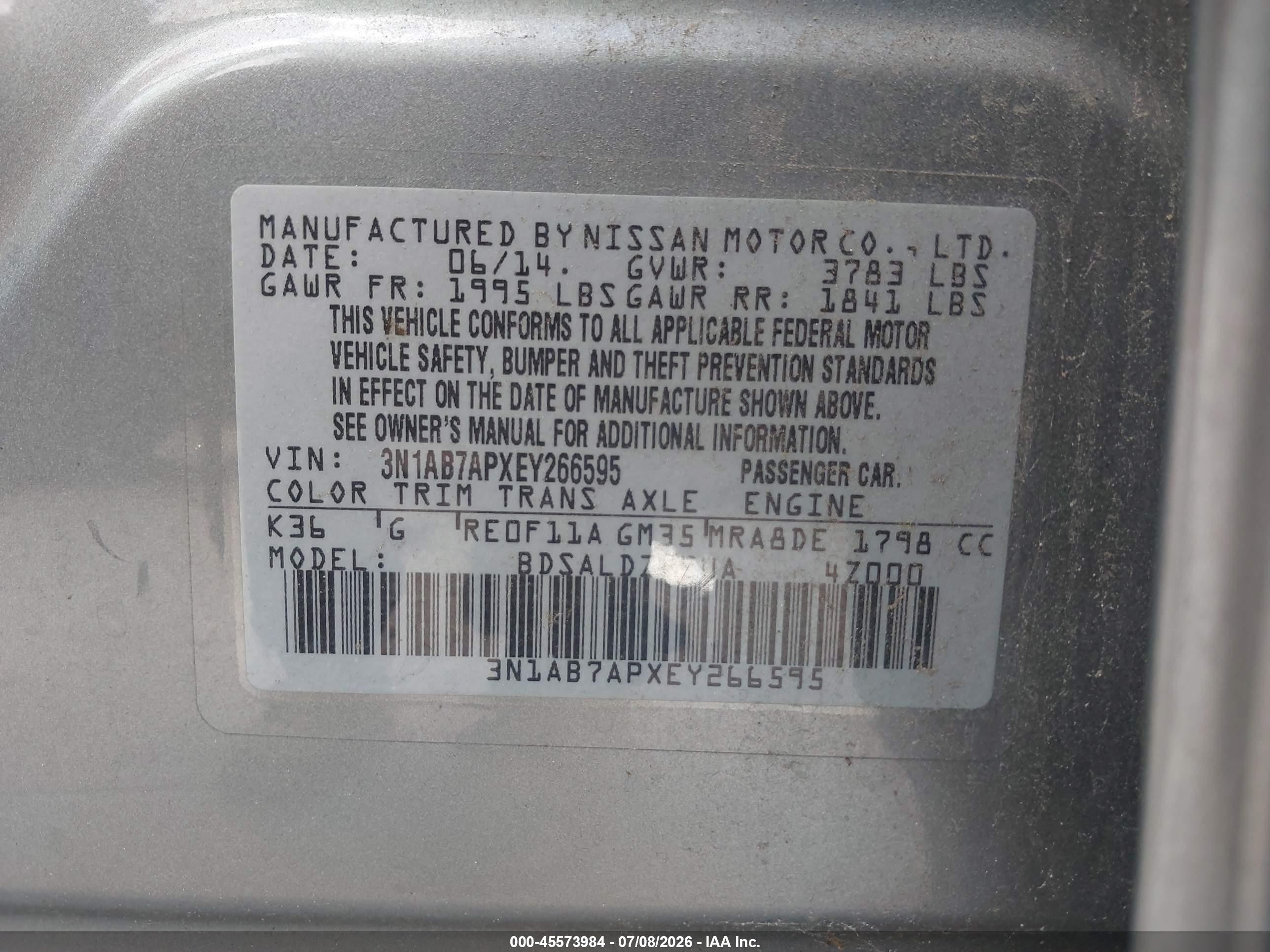 2014 Nissan Sentra Sv Gray vin: 3N1AB7APXEY266595