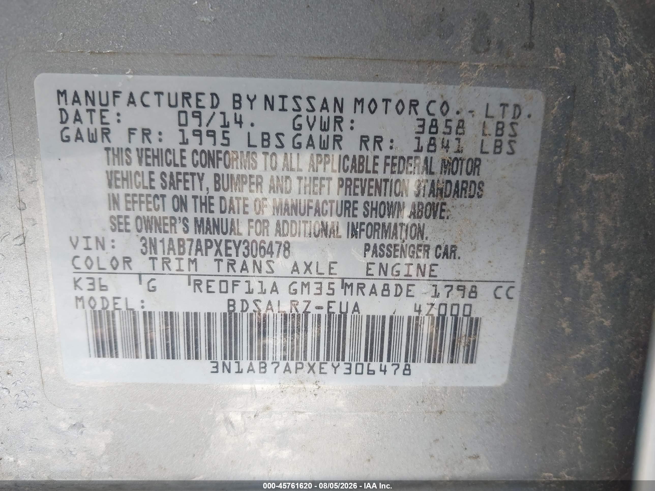 2014 Nissan Sentra Sr Silver vin: 3N1AB7APXEY306478