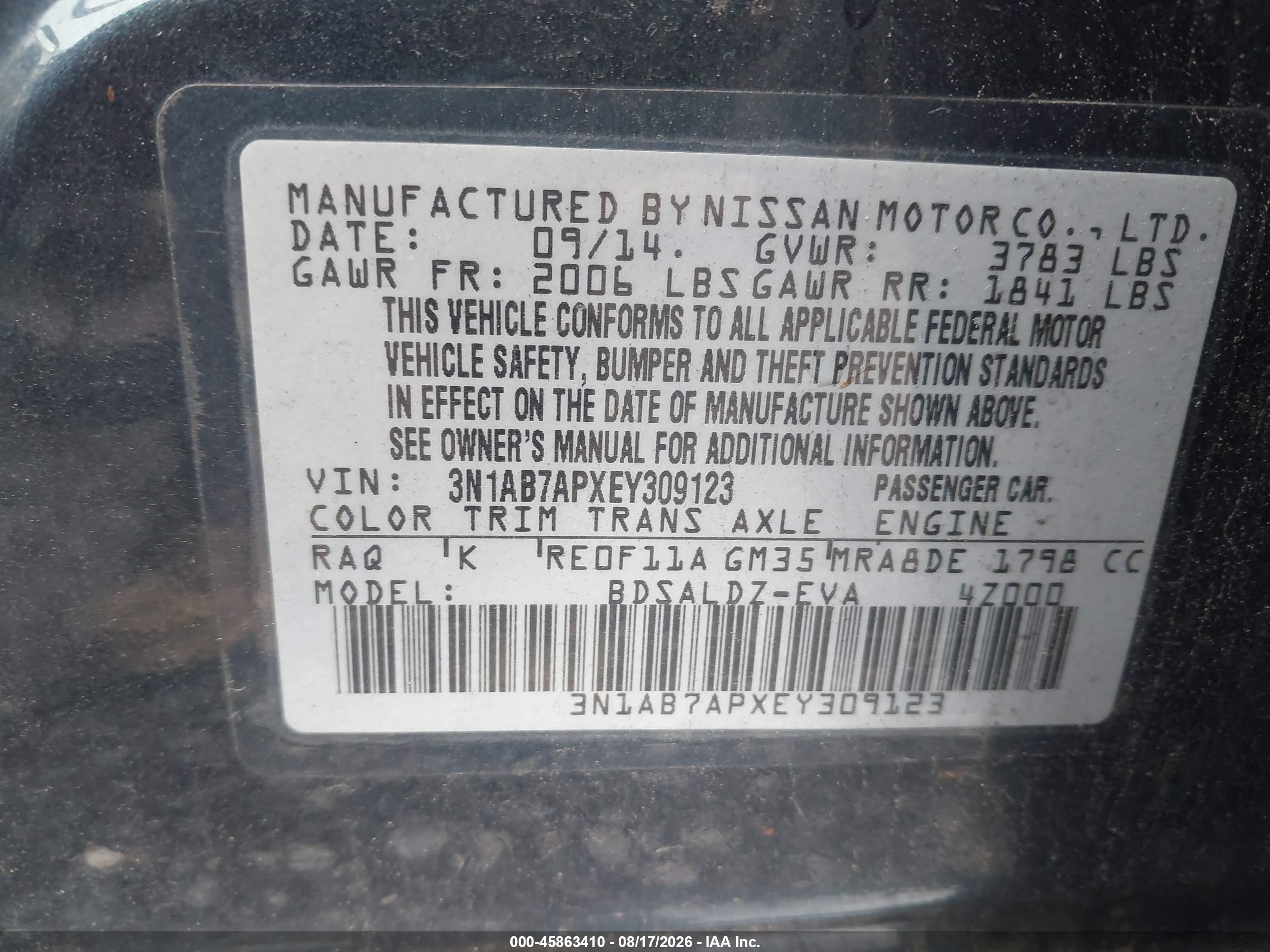 2014 Nissan Sentra Sv Blue vin: 3N1AB7APXEY309123