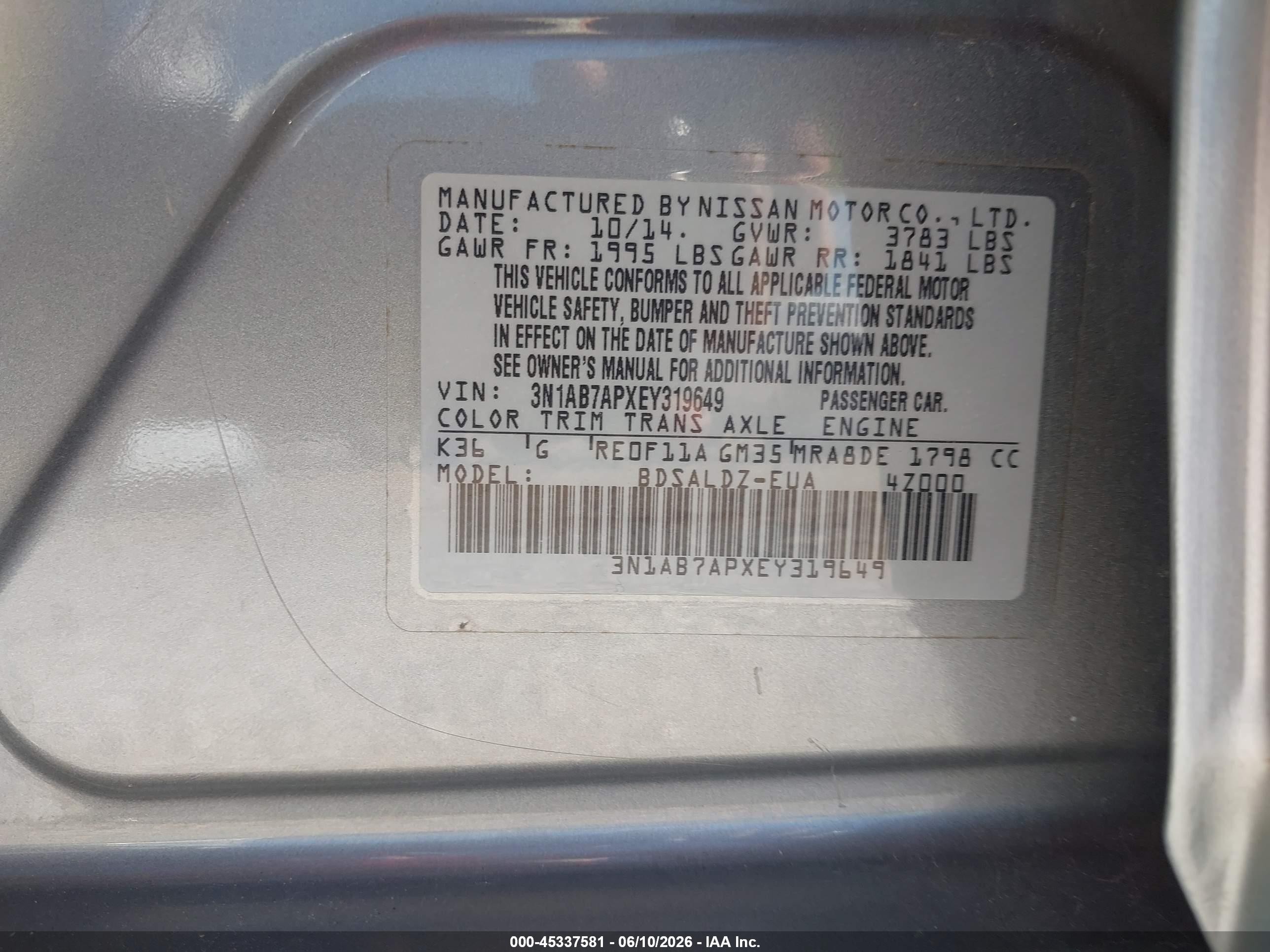 2014 Nissan Sentra Sv Gray vin: 3N1AB7APXEY319649