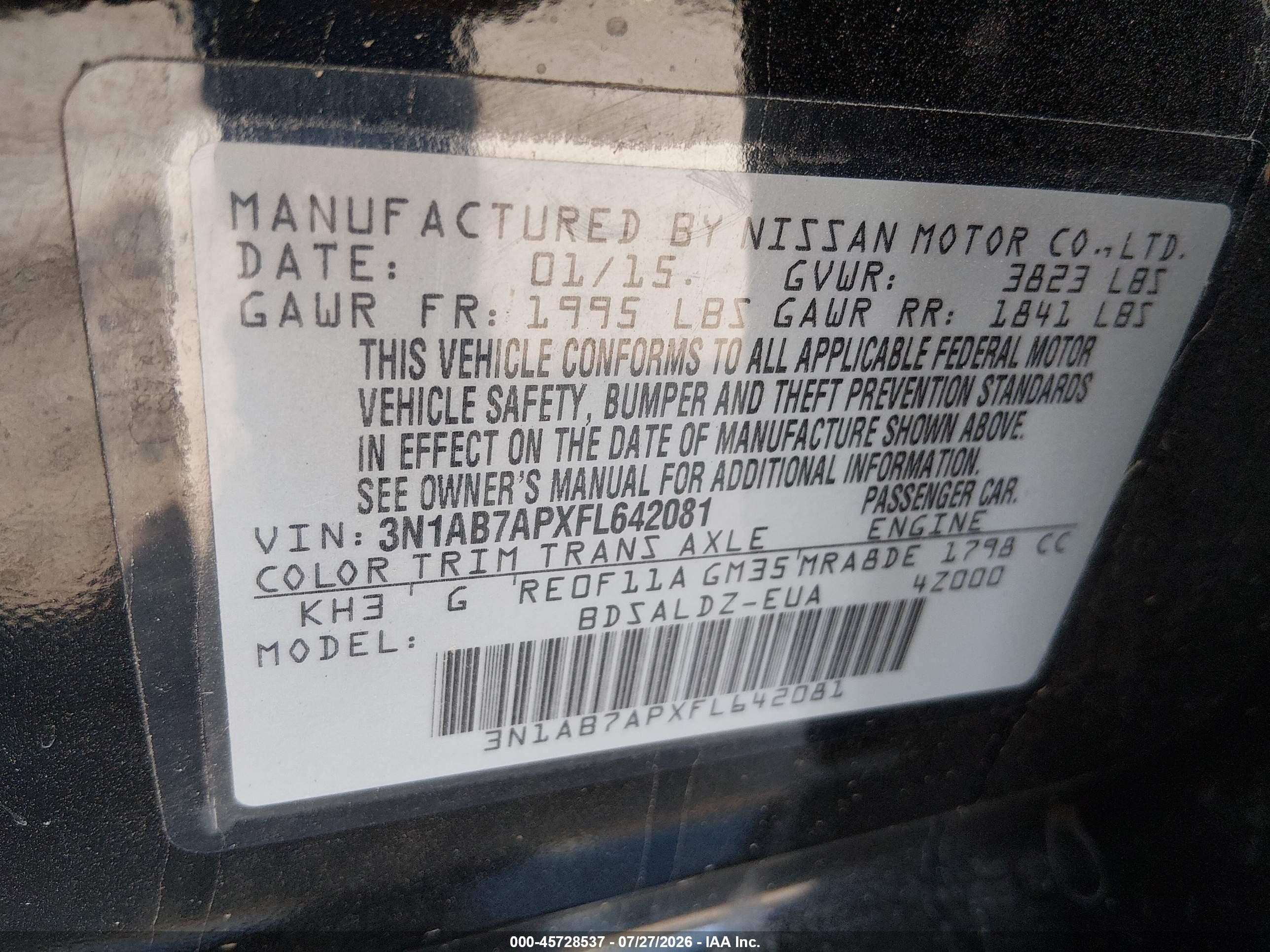 2015 Nissan Sentra Sv Black vin: 3N1AB7APXFL642081