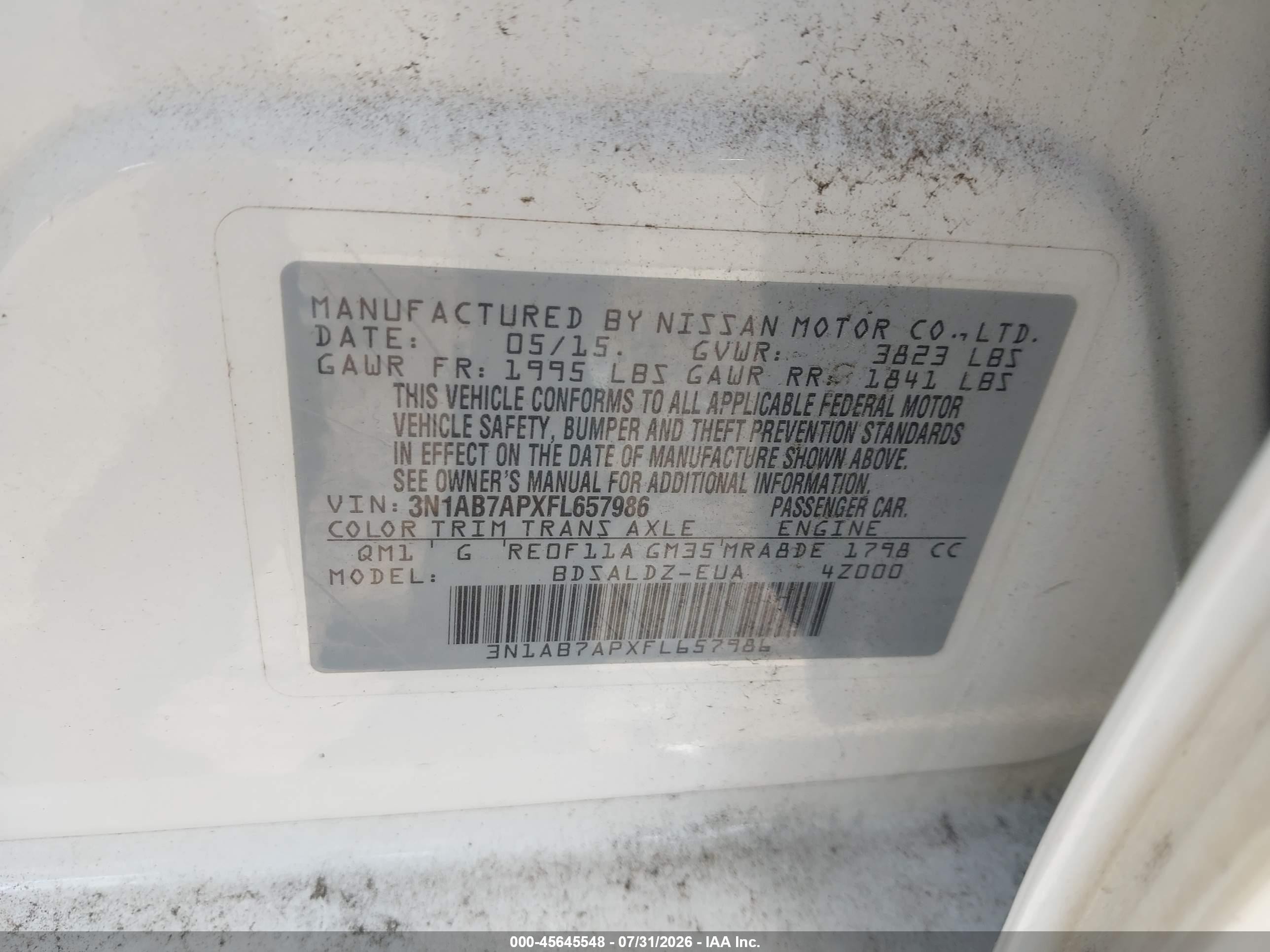 2015 Nissan Sentra Fe+ S/s/sl/sr/sv Белый vin: 3N1AB7APXFL657986