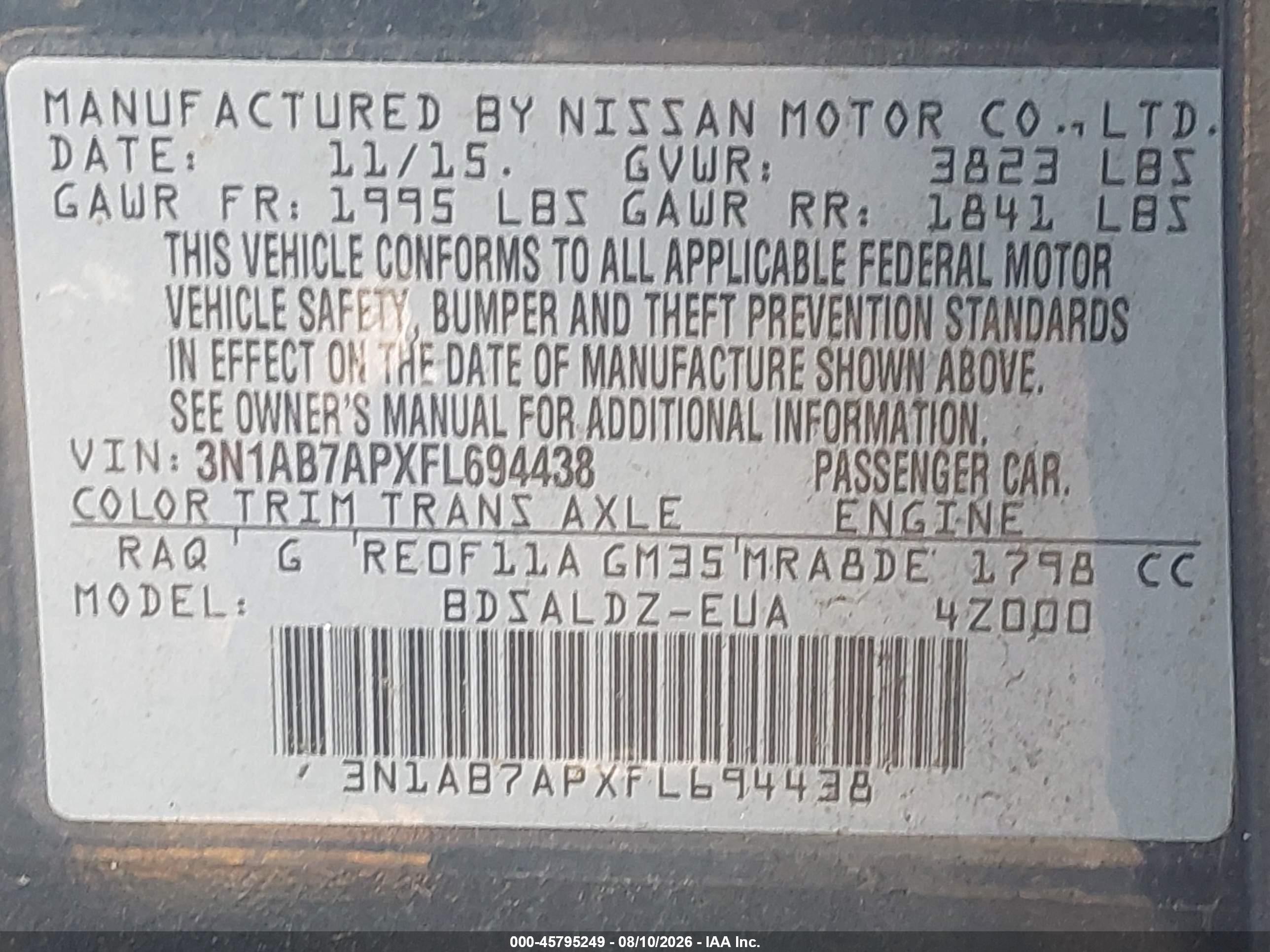 2015 Nissan Sentra Sv Blue vin: 3N1AB7APXFL694438