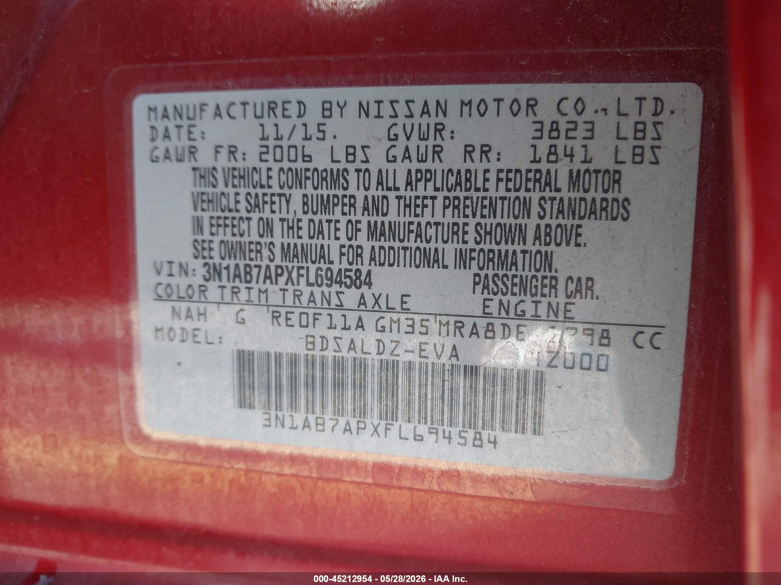 2015 Nissan Sentra Sv Red vin: 3N1AB7APXFL694584