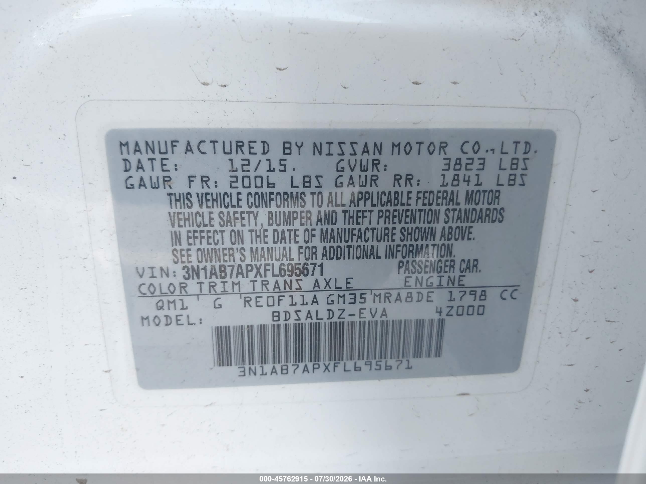 2015 Nissan Sentra Sv Белый vin: 3N1AB7APXFL695671