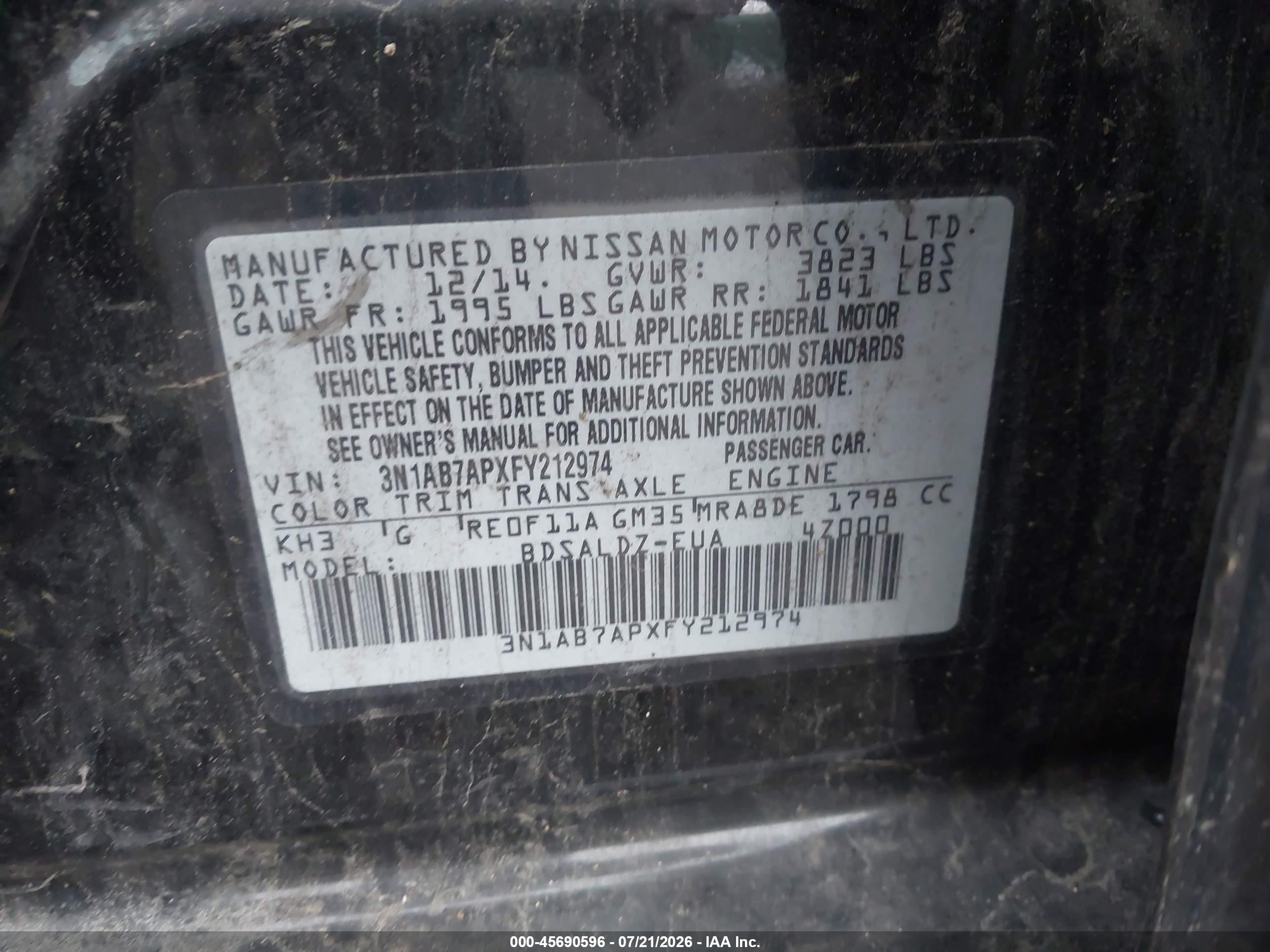 2015 Nissan Sentra Fe+ S/s/sl/sr/sv Black vin: 3N1AB7APXFY212974