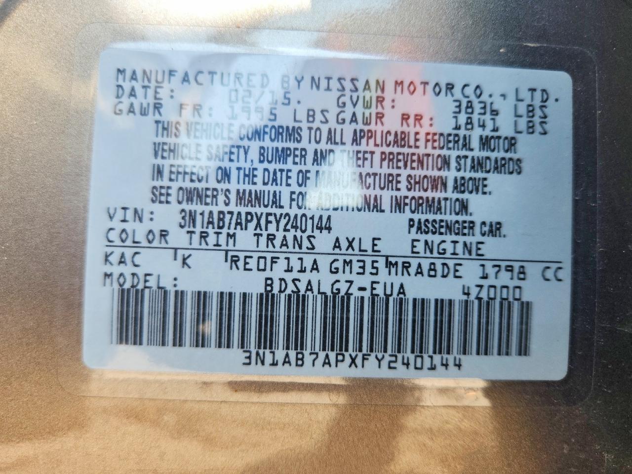 2015 Nissan Sentra Sl Серый vin: 3N1AB7APXFY240144