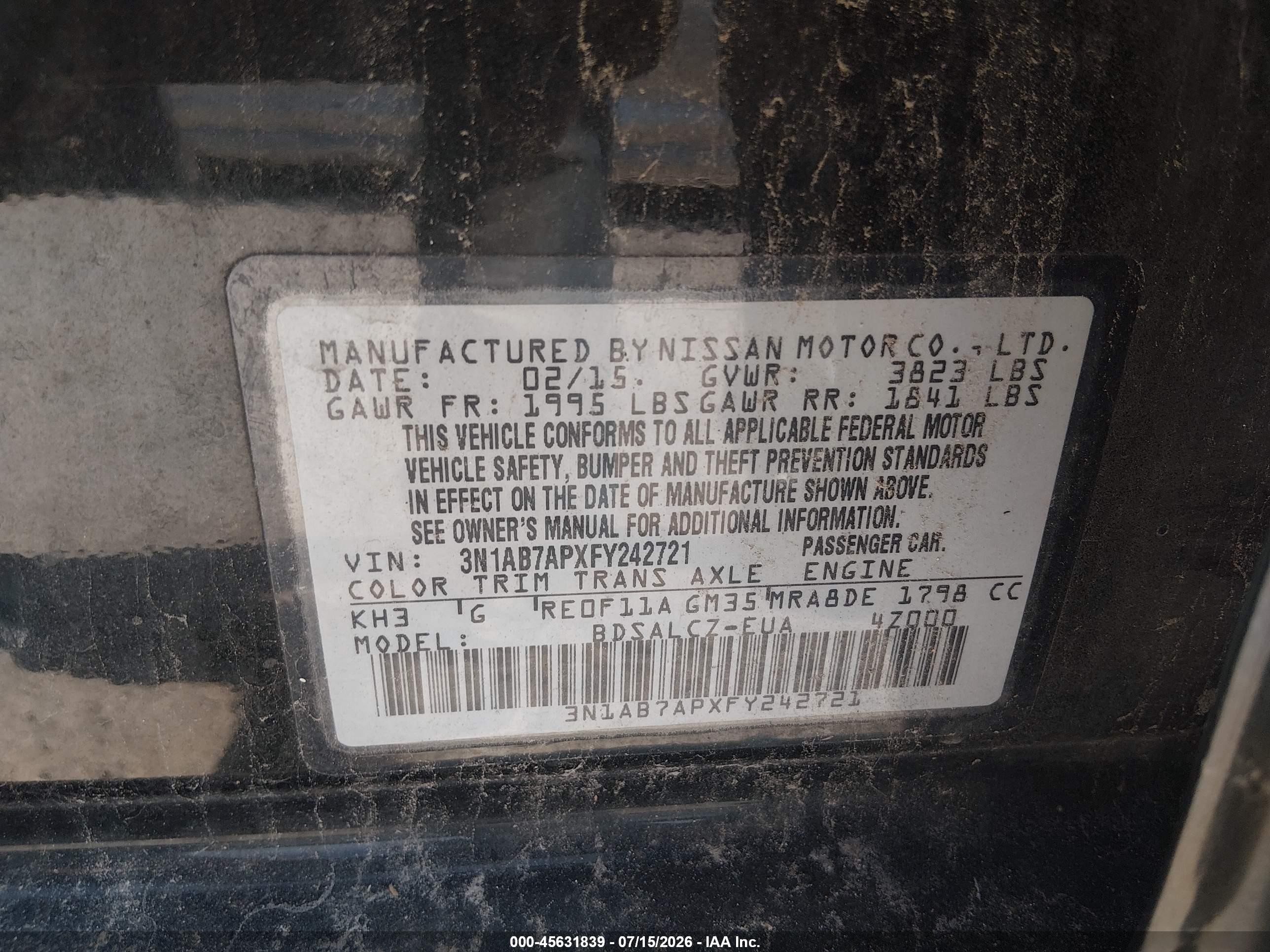 2015 Nissan Sentra S Black vin: 3N1AB7APXFY242721